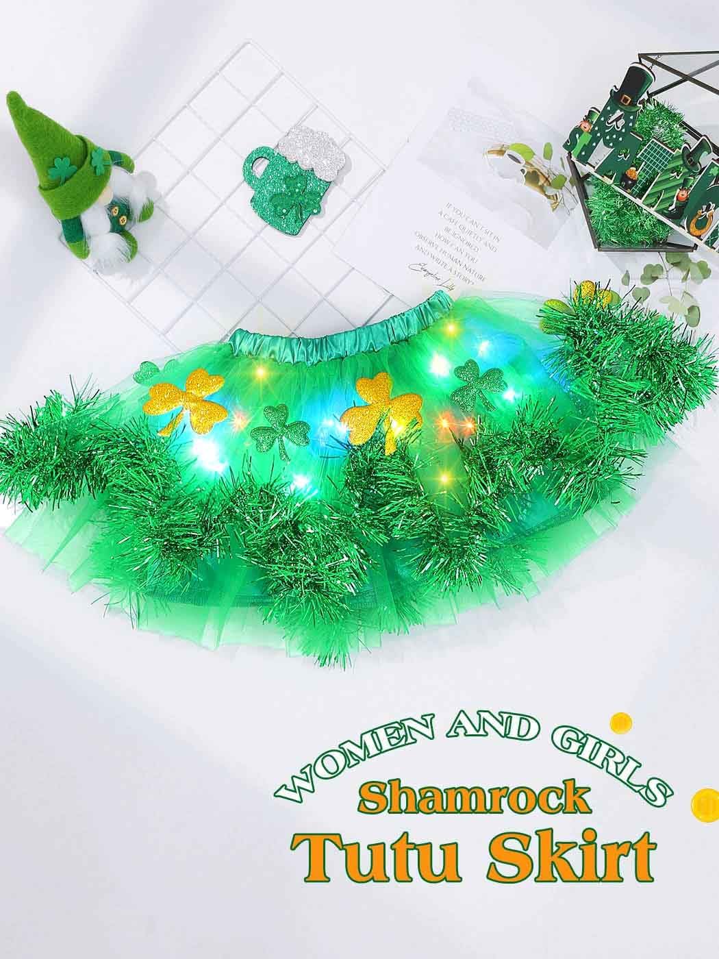 REETAN Light up St. Patrick's Day Clover Tutu Skirt Layered Shamrock Sequins Skirts Irish Festival Costume for Girls and Kids