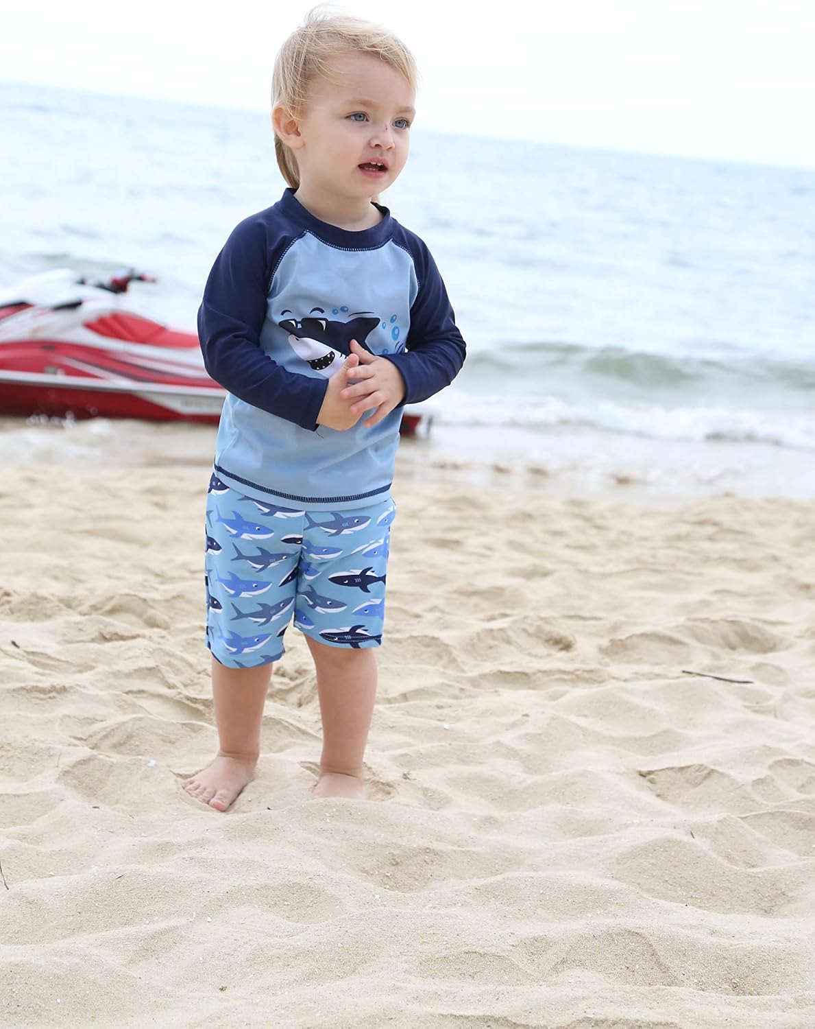 HUAANIUE Baby Toddler Boy Swimsuit Rash Guard Set UPF 50+ 0-6 Years | Long sleeve swim top + shorts with built, Quick-dry and stretch fabric, Flatlock seams, Machine wash