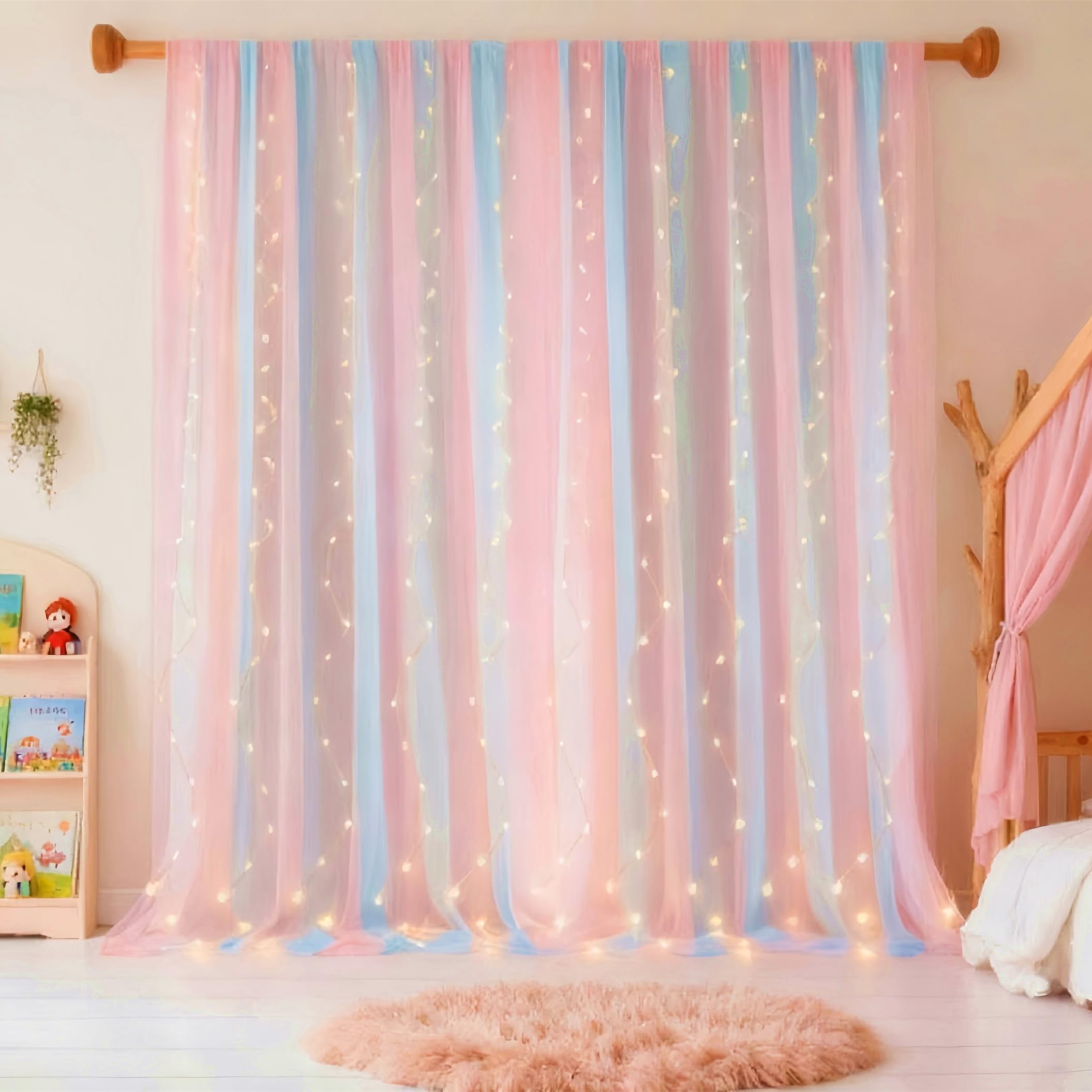 Rideaux voilés Arc-en-Ciel avec lumières pour Chambre à Coucher/fête à thème, Rideaux voilés à Passe-Tringle, 84 Pouces de Long, 2 Panels/Style B