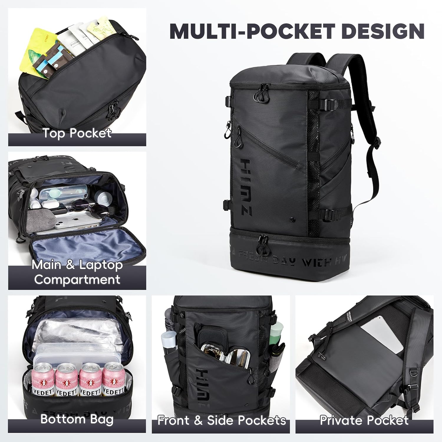 Camping Backpack with Insulated Compartment for Work Large Travel Backpack Lunch Box Heavy Duty Men 36L -17 inch Laptop Bag Carry On Backpacks for Airplane, Black