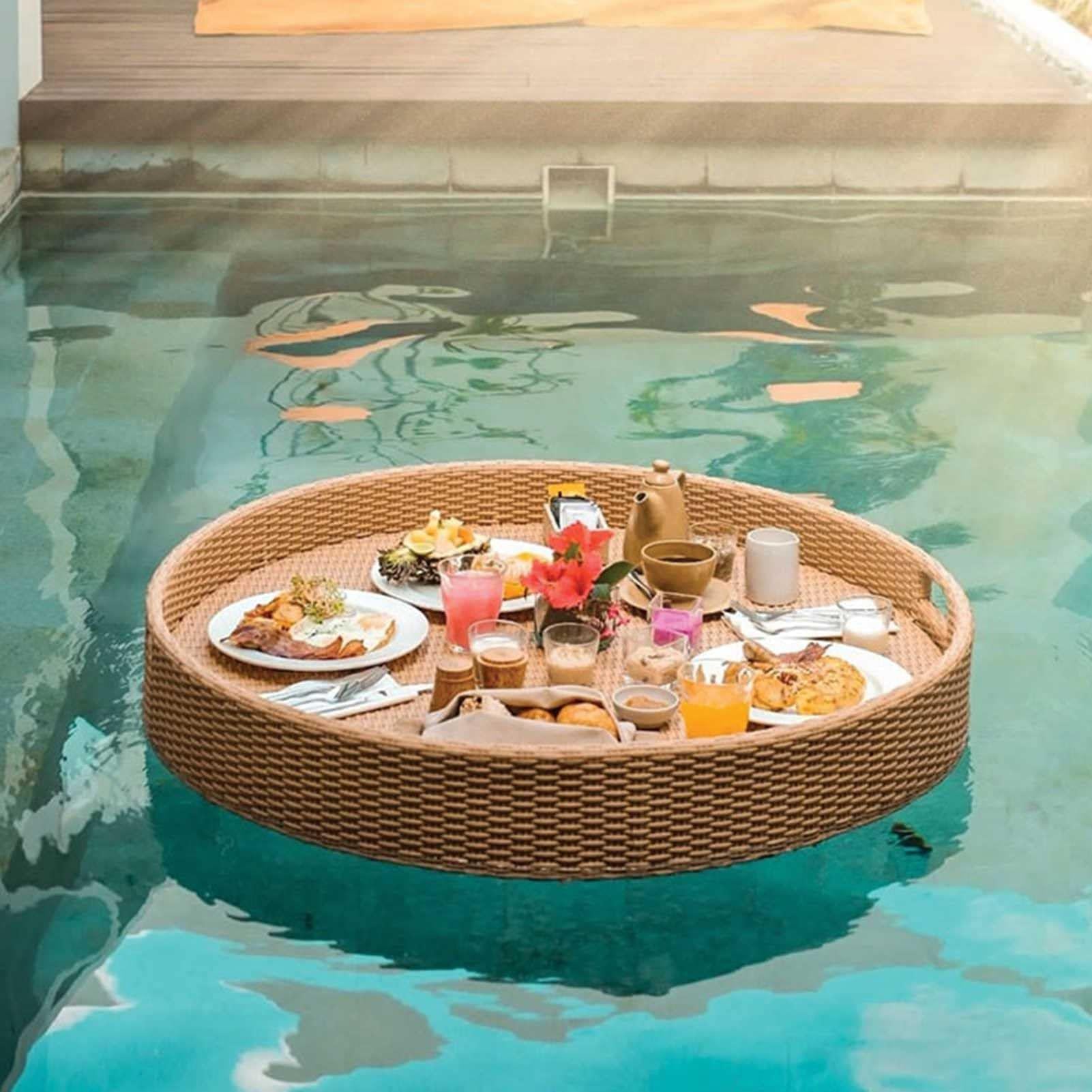 DFGHNBVC Round Rattan Fabric Serving Tray Floating Rattan Breakfast Tray With Handles Adult Swimming Pool,Apricot-80Cm