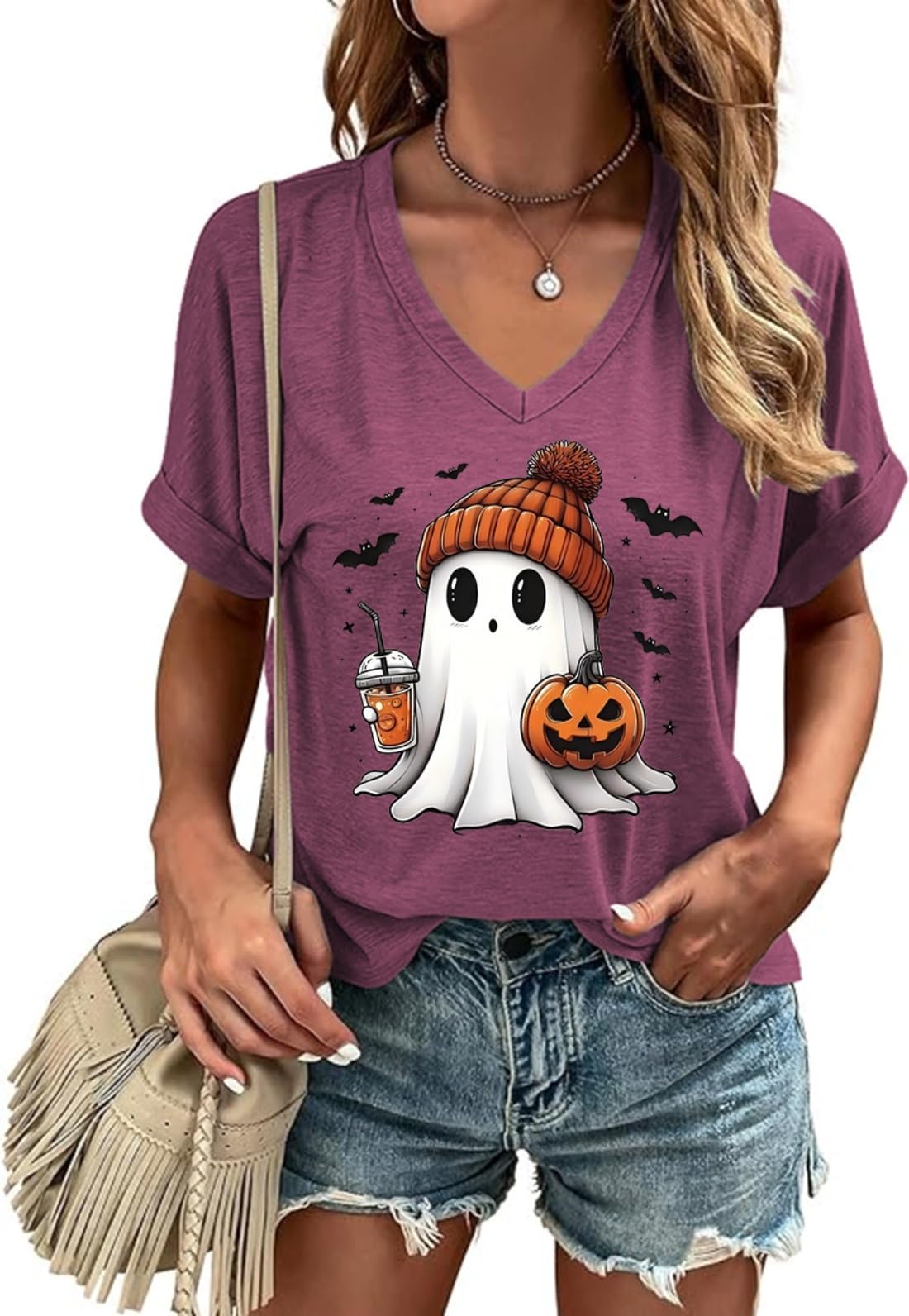 Butovek Women Fall Halloween V Neck Shirt Thanksgiving Graphic Short Sleeve Tee Autumn Holiday Family Matching Tops