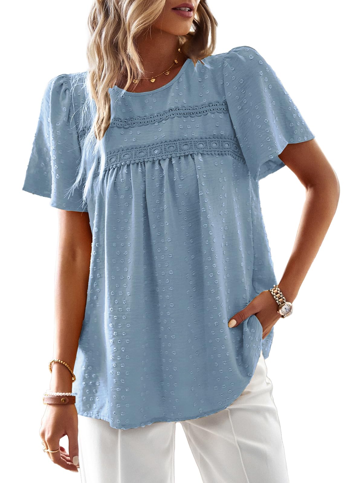 Women's Summer Tops Trendy Short Sleeve Crewneck Swiss Dot Ruffle Blouses Casual Loose Babydoll Tunic Shirts