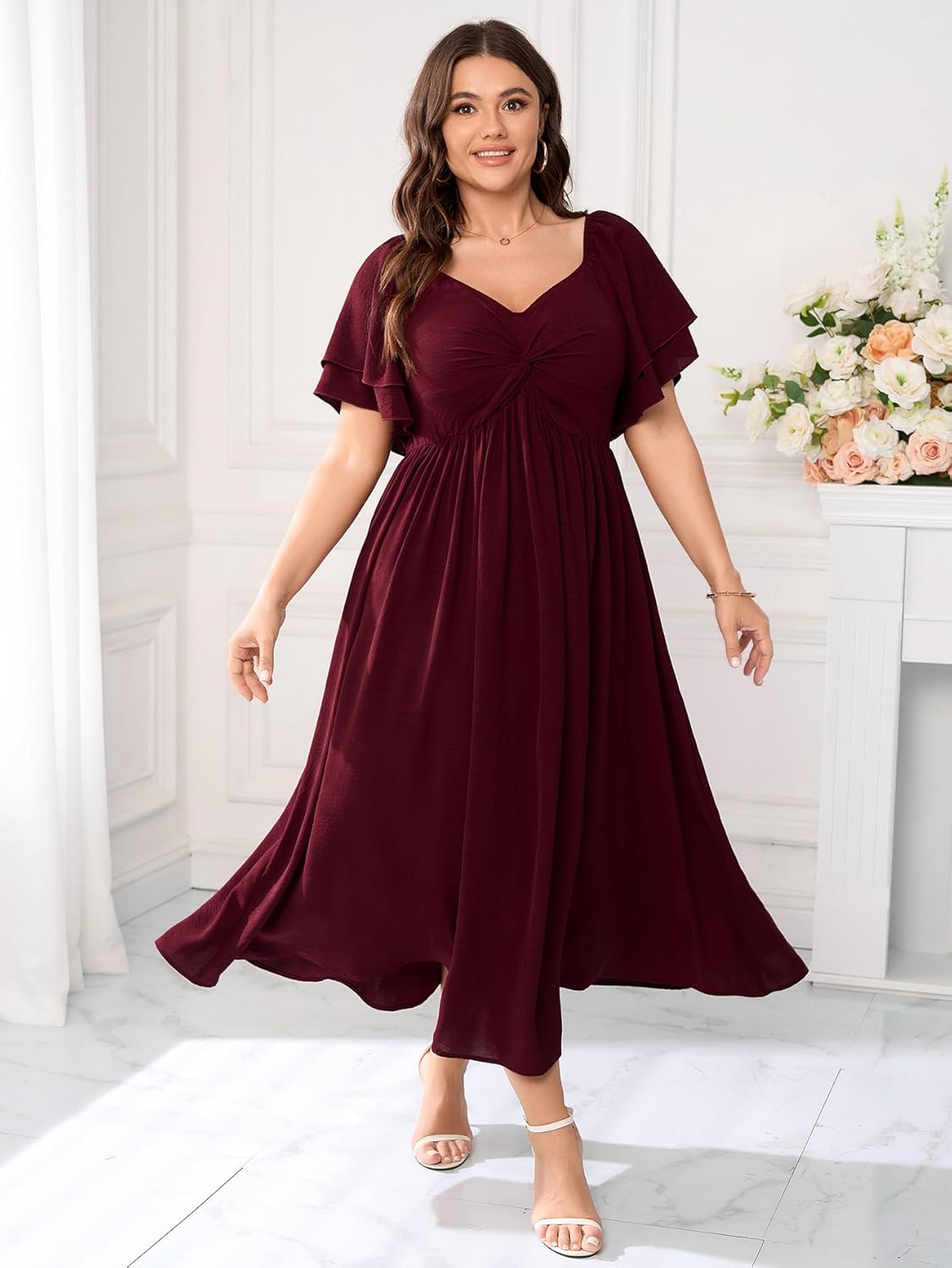 SCOMCHIC Women's Plus Size Wedding Guest Cocktail Dresses Sweetheart Neckline Ruffle Sleeve A Line Maxi Dress