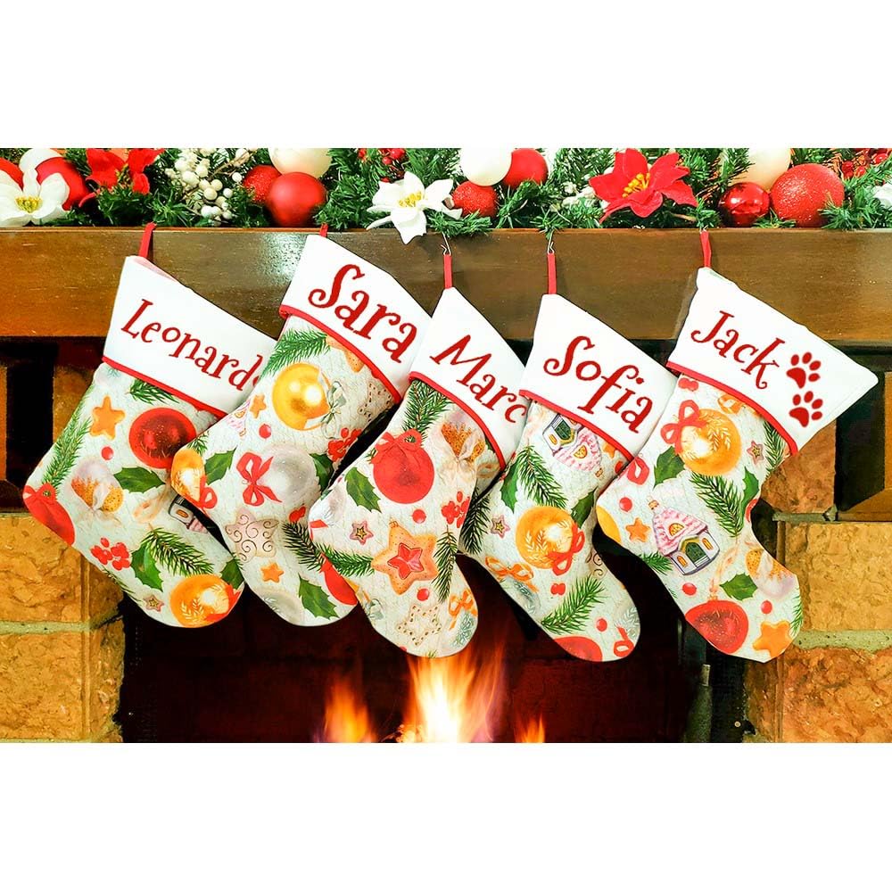Calcetín de Navidad para colgar con nombre, 20 cm de altura, 33 calcetines de Navidad personalizados para decoración de fiestas familiares (20 x 33, bola roja, 5)