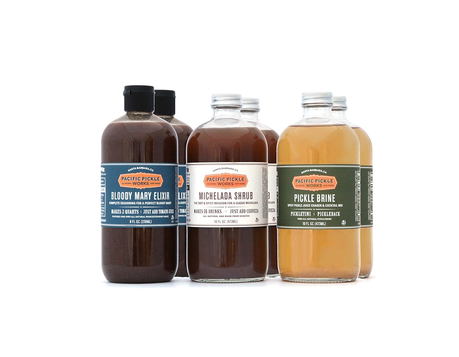 Mixed Case of Savory Cocktail Mixers (16oz 6-pack) - Bloody Mary Elixir, Michelada Shrub and Pickle Brine
