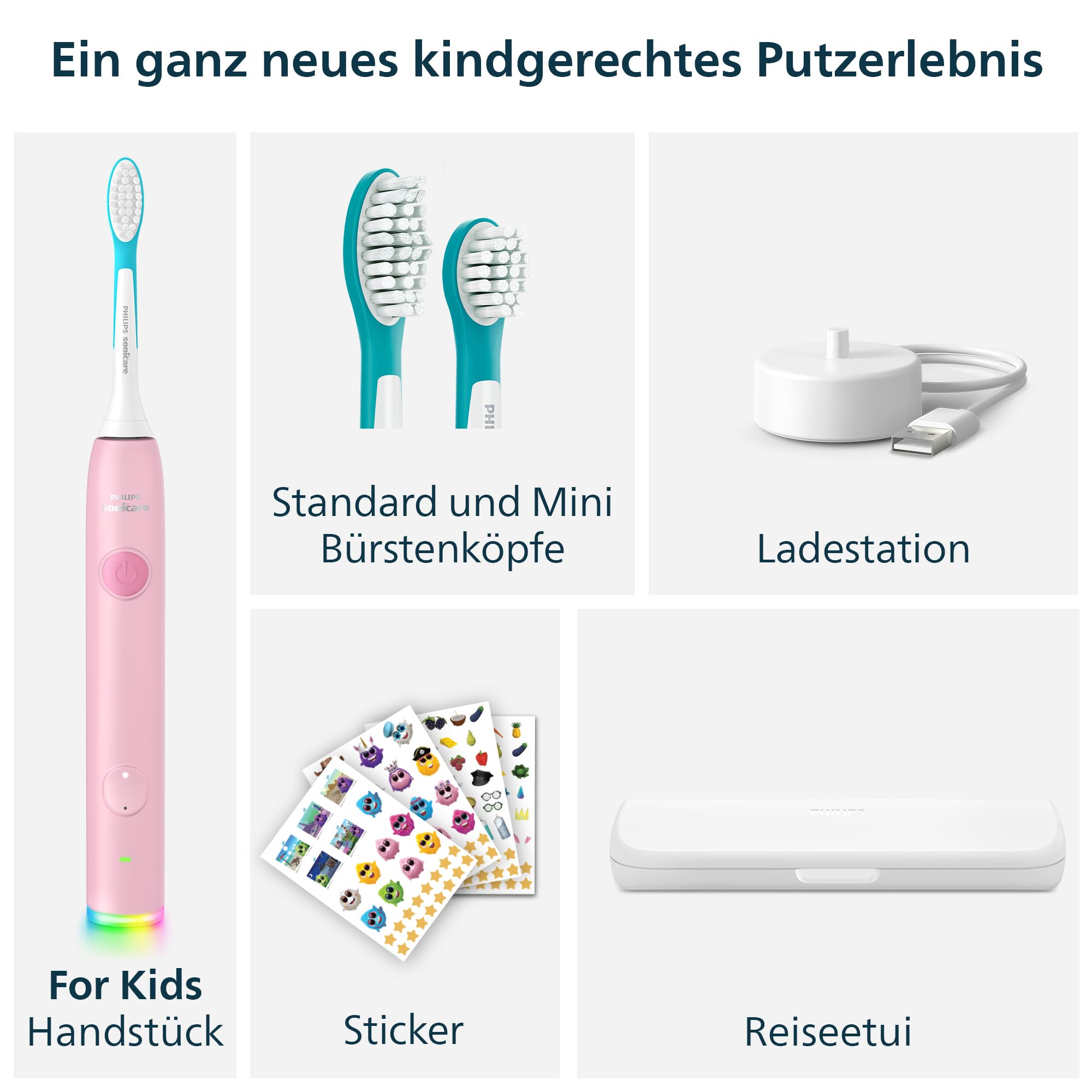 Philips Sonicare for Kids Smart elektrische Zahnbürste - Schallzahnbürste mit App, für Kinder 3+, 2 sanfte Putzprogramme, 2-Minuten-Timer, 2 Bürstenköpfe (Standard + Mini), Pink, Modell HX6600/51