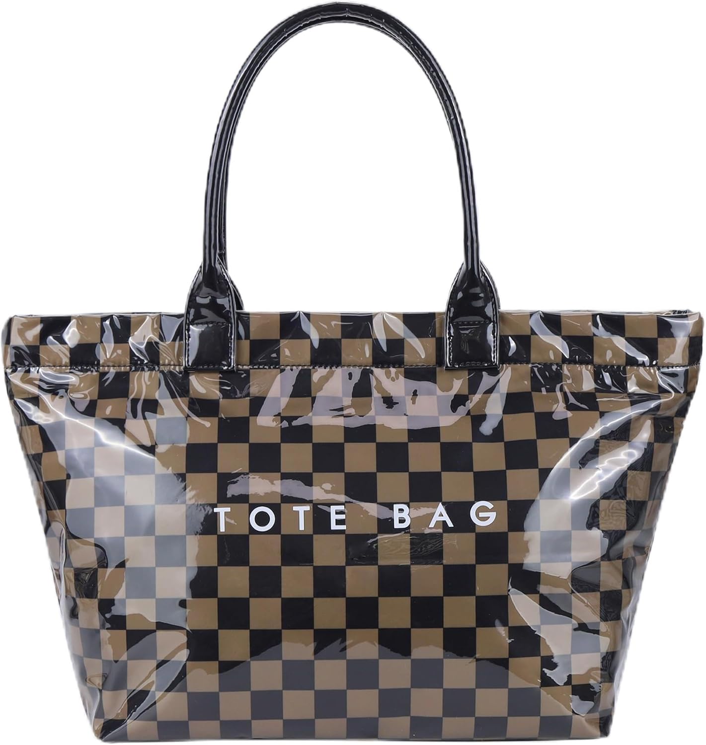 Lushandy Checkered Tote Bag Women's PVC Tote Bag with Zipper Plastic Letters Print Hobo Handbag Checkered Purse for Work