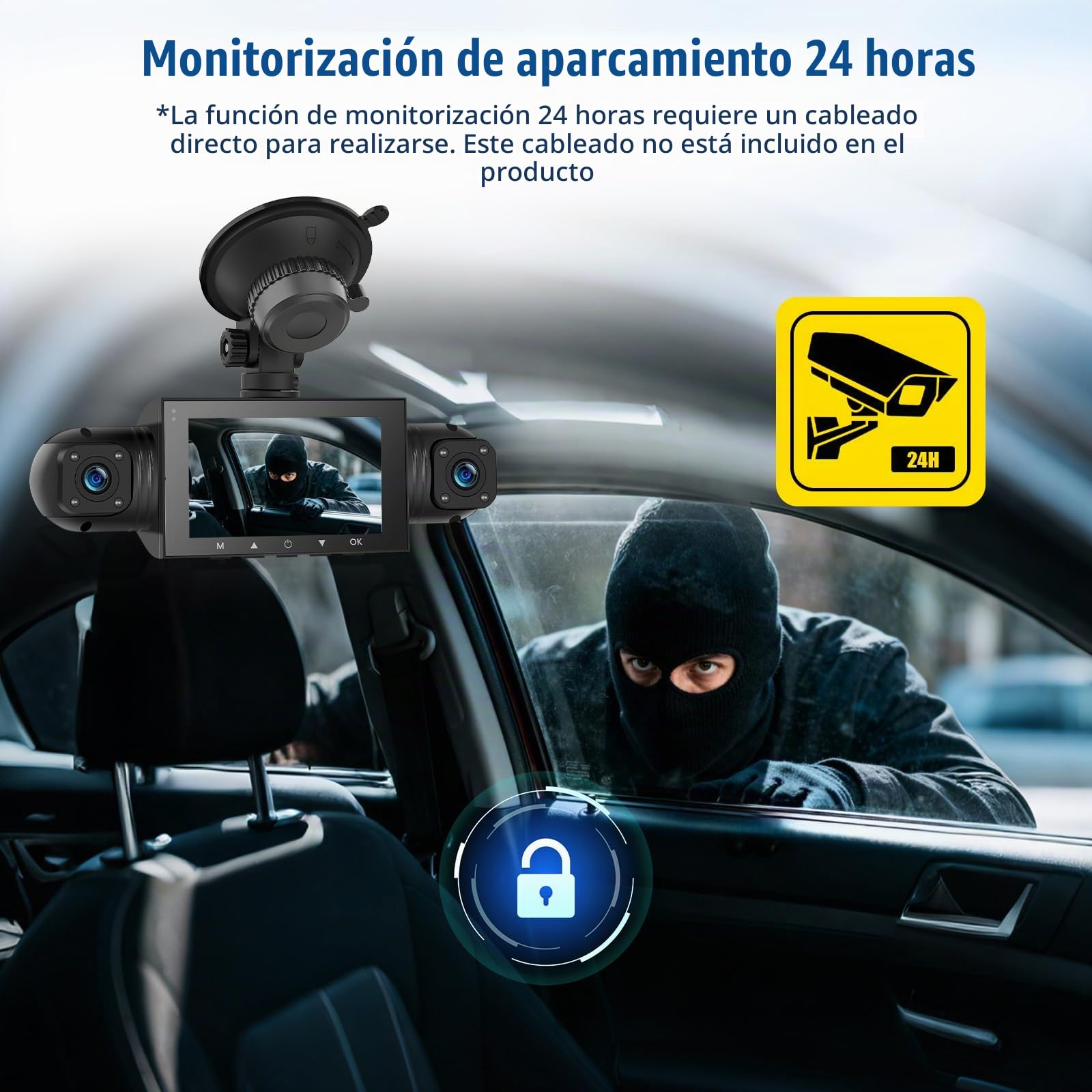 Dashcam Auto 360 Gradi 4 Canales, Cámaras 1080P Fronte/Interior/Trasera con 3" Pantalla IPS, Compatible con Tarjetas TF, Visión Nocturna/Vigilancia de Aparcamiento 24h/Sensor G/Grabación en Bucle