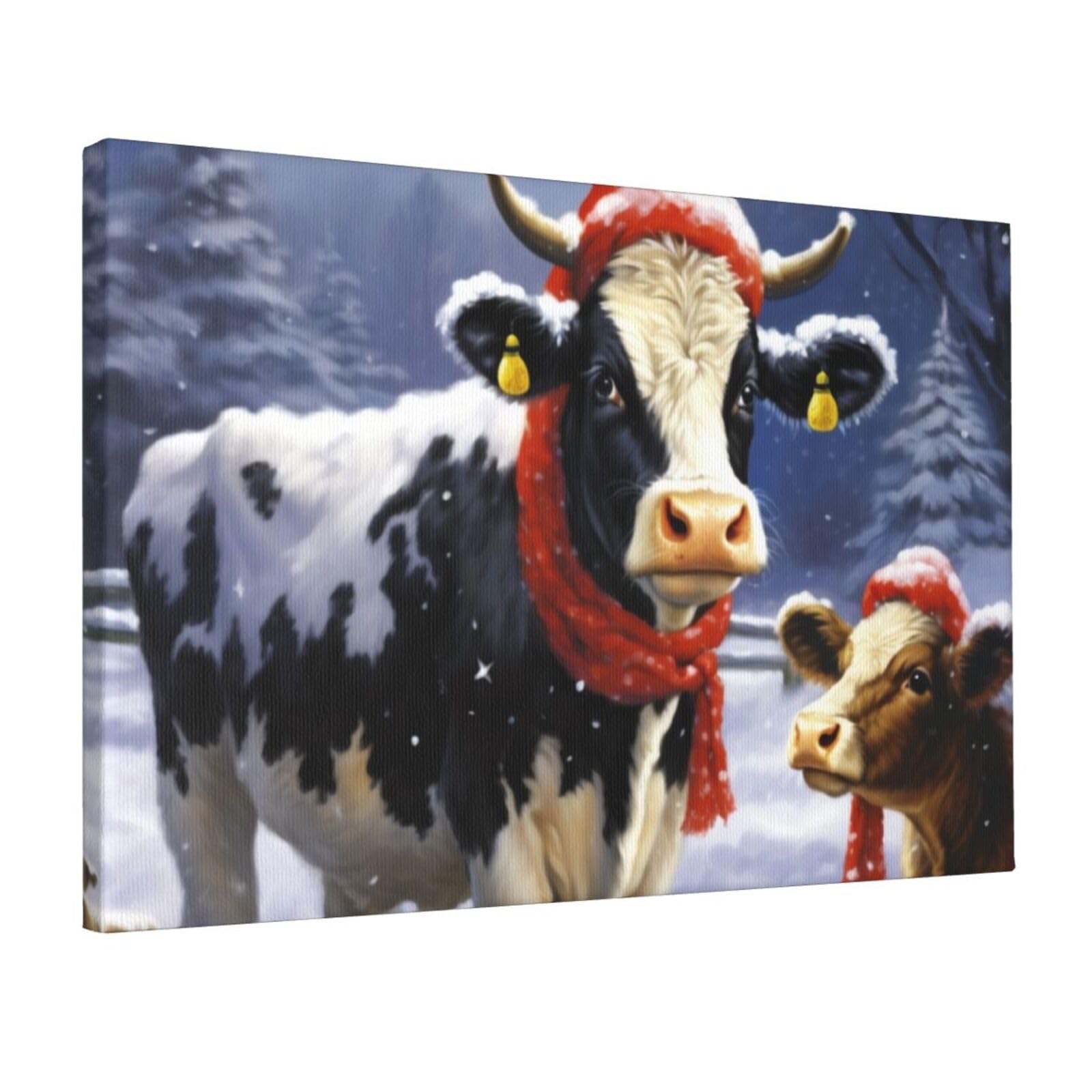 DWVTSLH christmas snow Cow Poster Paintings Canvas Wall Art Bedroom Prints Home Decor Hanging Picture Modern Home Artworks Aesthetic for Living Room Office Wall Decor 12x18in Unframed