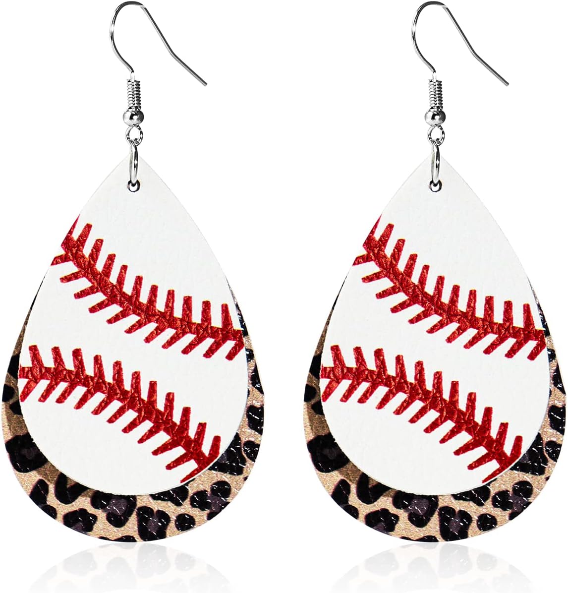 Baseball Leather Earrings for Women 3 Layer Faux Leather Leopard Print Earrings Glitter Sequin Teardrop Earrings-A