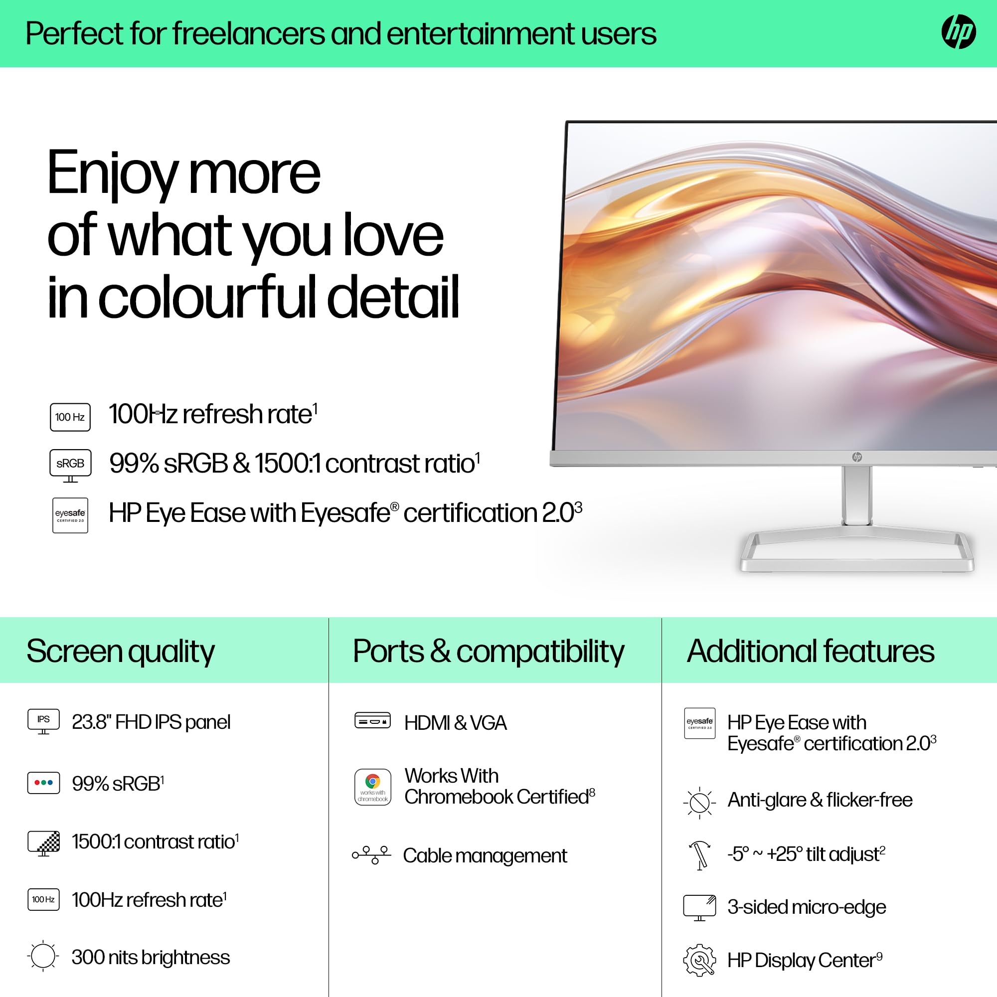 HP Series 5 23.8" FHD Height Adjust Monitor (524sh) | 100Hz Refresh Rate |1500:1 Contrast Ratio | 99 percent sRGB Spectrum | 300 Nits Brightness | HDMI, VGA Ports | Ergonomically Adjustable — view 3