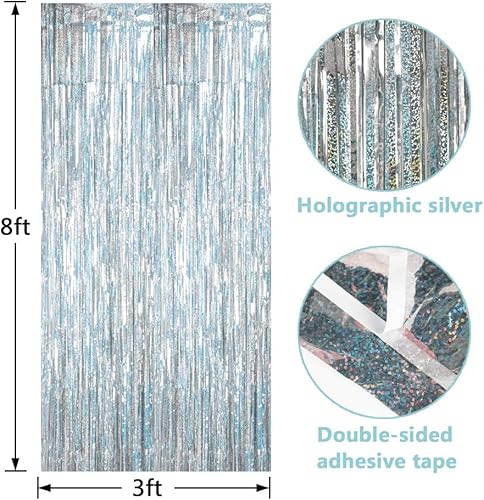 Miniatura 3 de BTSD-home Cortina holográfica de flecos láser plateada, cortinas metálicas de oropel para puerta de fondo de cabina de fotos para bodas, cumpleaños,