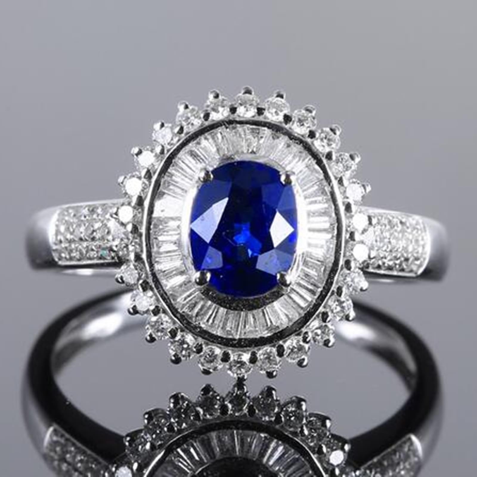 Fedi nuziali in oro bianco 18 carati blu zaffiro ovale, anello da donna con zaffiro da 1,26 carati e diamanti anelli da donna misura 17 (18,1), 57 (18.1), metallo prezioso, Zaffiro