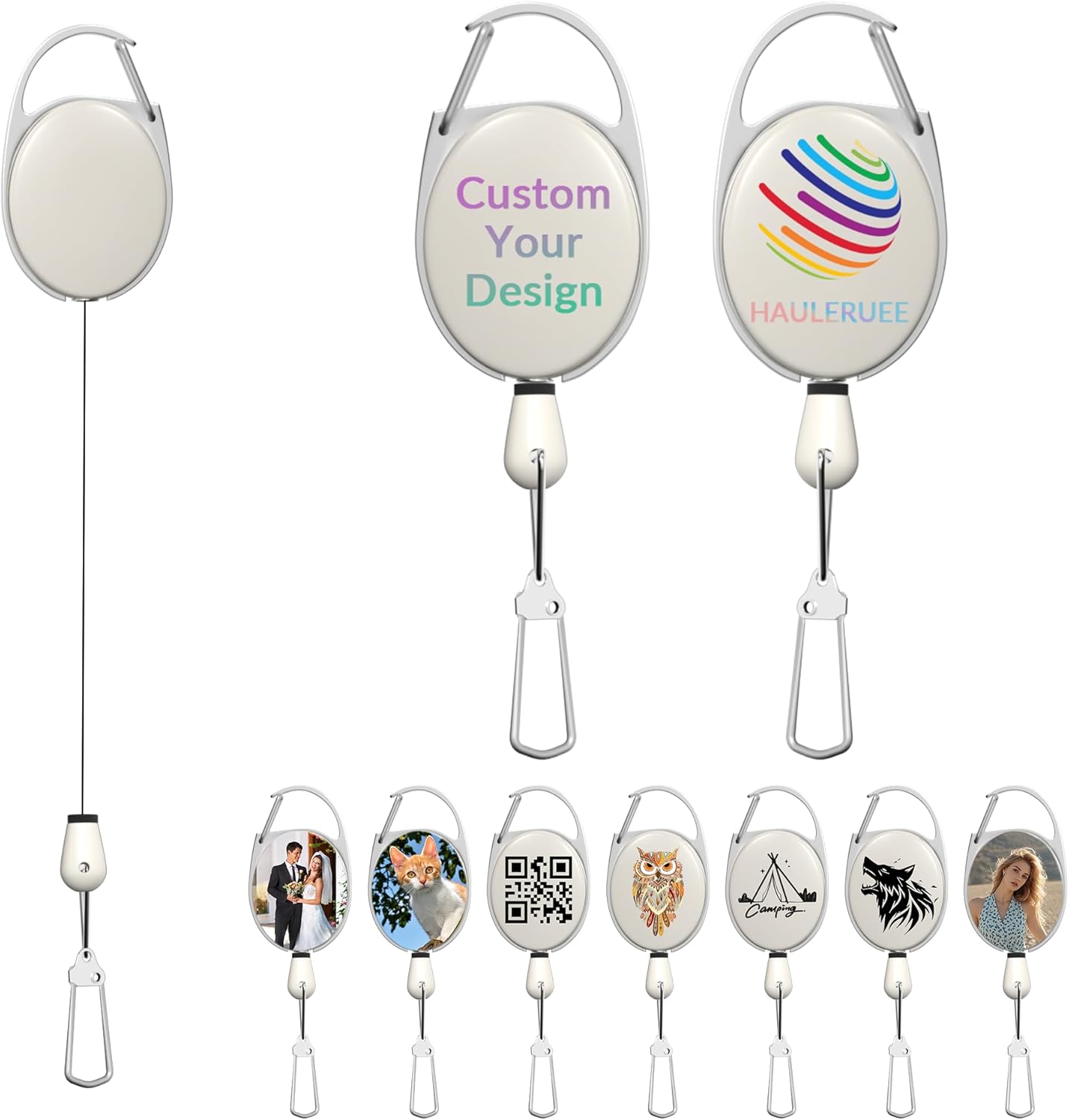 Custom Retractable Badge Holder with Carabiner Reel Clip,Heavy Duty Retractable Keychains Bulk with Personalized Logo/Image/Text for Double-Sides,Pack 10-100 Customizable