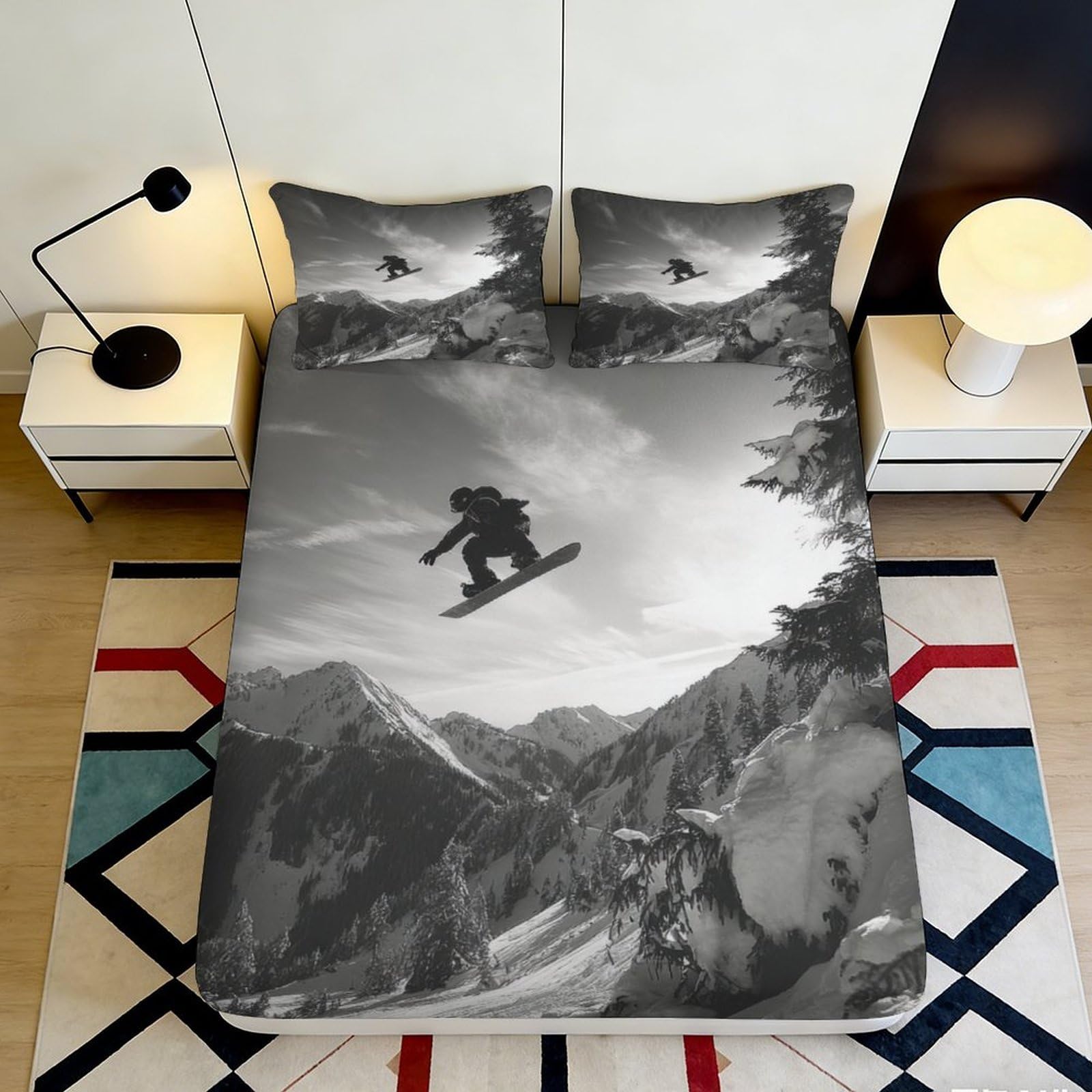 3D Printed Snowboard Mountain Fitted Sheet Microfiber Soft Bedroom Decor Ski Landscape Mattress Cover 90x200x25cm