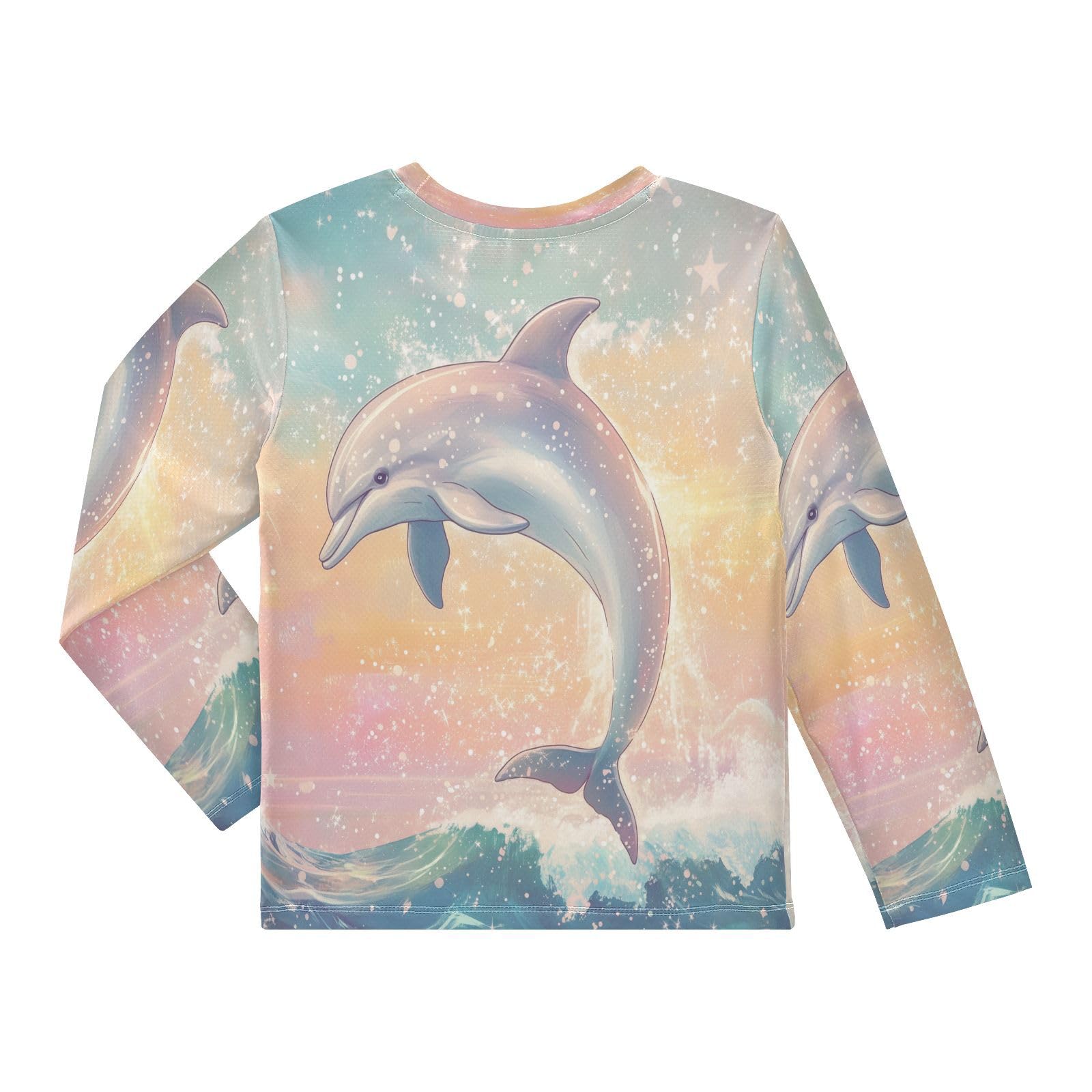 DOMIKING Sparkling Dolphin Ocean Wave Boys Long Sleeve Rashguard Shirt Kids Quick Dry Swim Shirt for Kids Toddler 9-10T