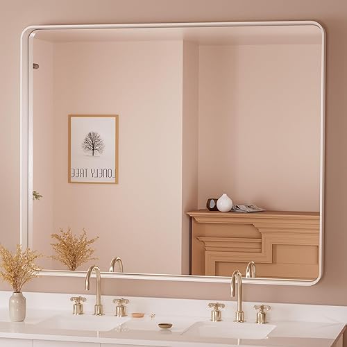 Miniatura 189 de TETOTE Espejo de 60 x 36 pulgadas para baño, espejo de tocador dorado de latón cepillado, espejo de pared grande rectangular con marco de metal Oro