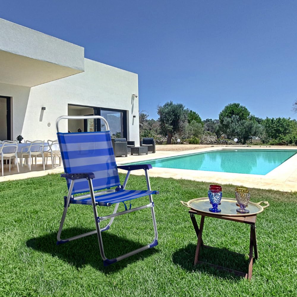 Mediawave Store - Sedia Sdraio Spiaggina Relax in Alluminio e Textilene. Prendisole Richiudibile e Leggero Ideale per Mare, Spiaggia e Giardino (Blu a righe)