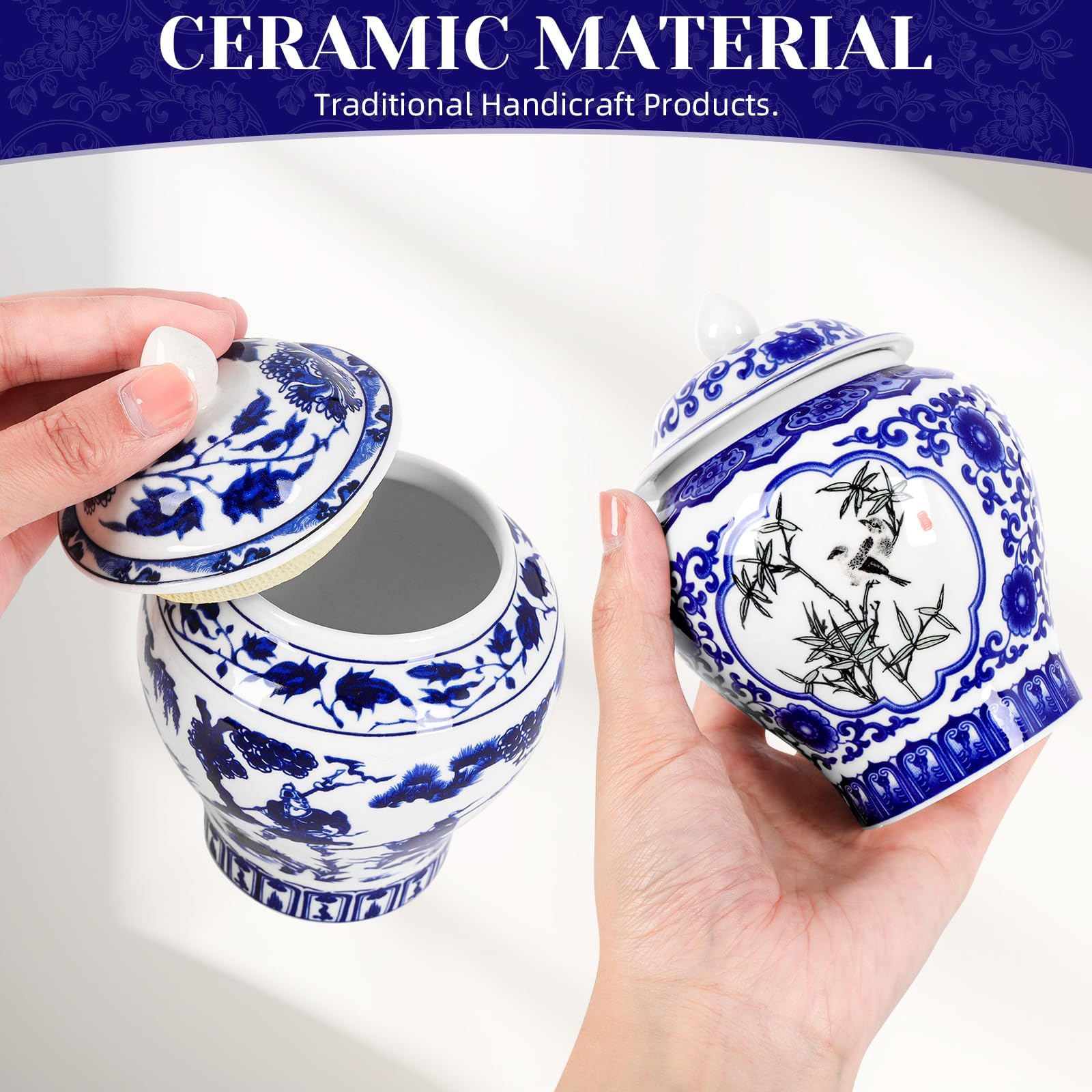 YUDIZWS Set mit 4 kleinen blauen und weißen Vasen, Porzellanvasen, blaue Chinoiserie-Dekoration, Ingwergläser, Keramik, chinesische Blume, dekorative Knospengläser mit Deckel, für Zuhause