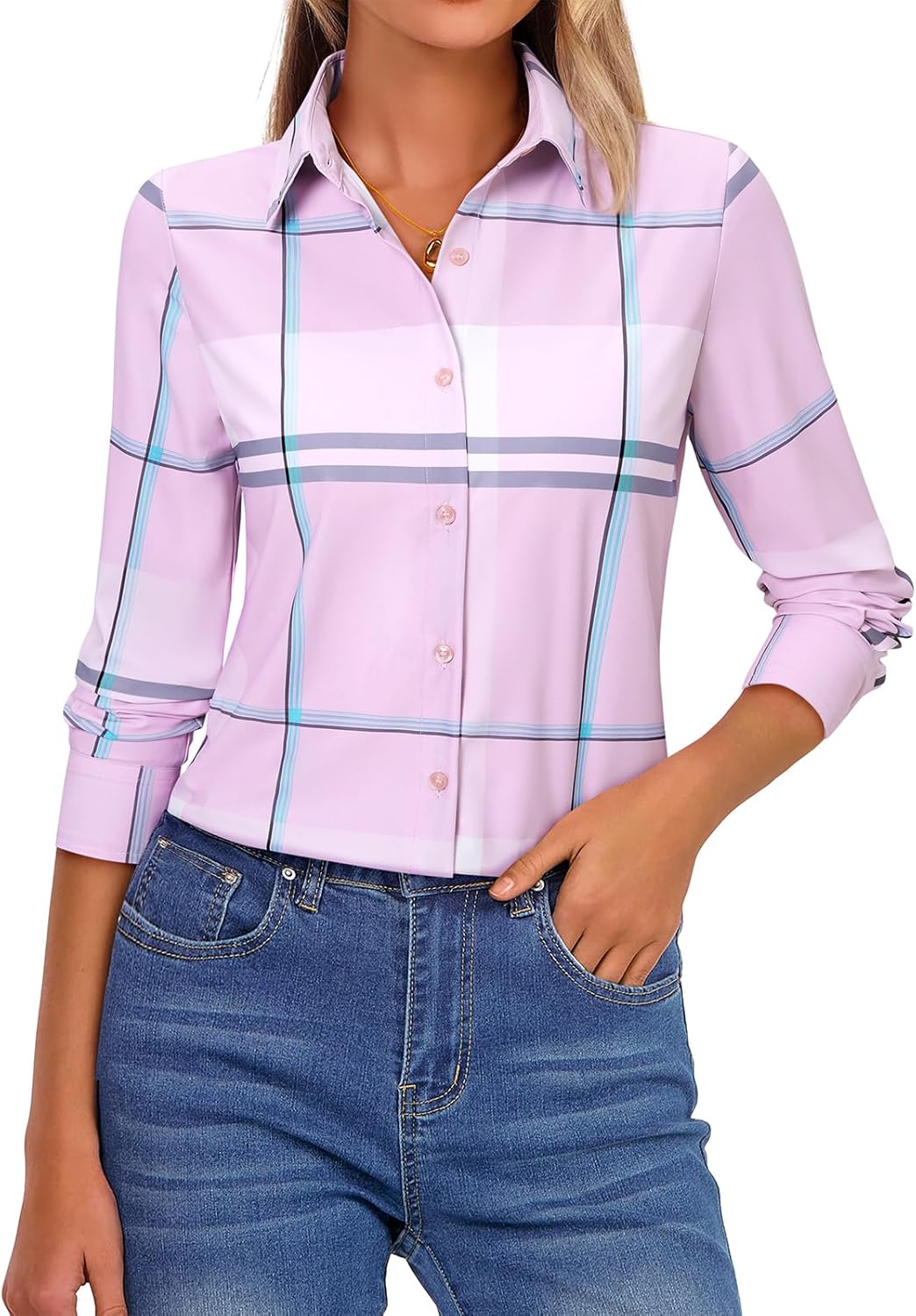 Women's Button Down Shirts Plaid Long Sleeve Dress Shirt Collared Fitted Blouses Wrinkle Free Casual Office Work Tops - Image 2