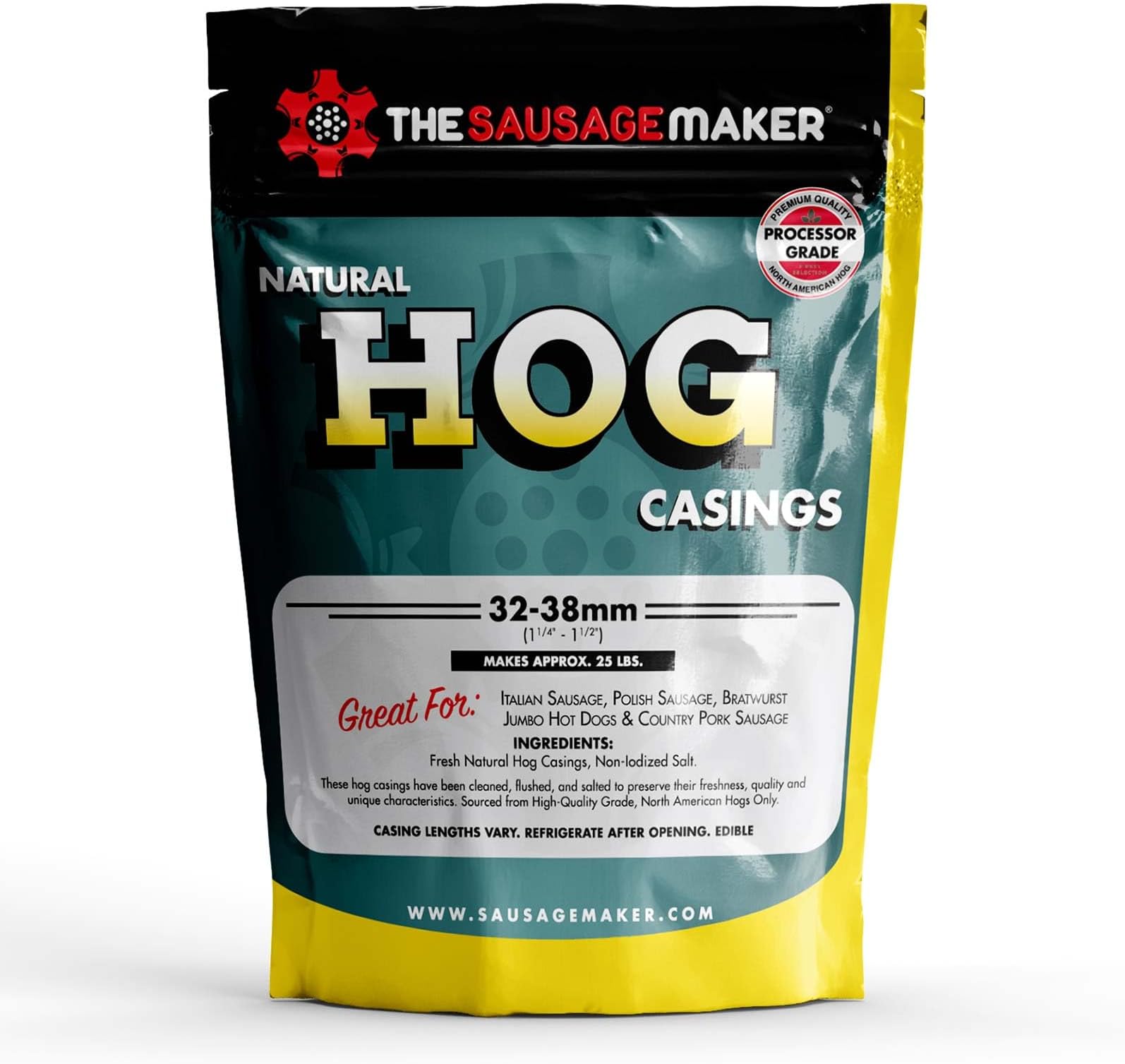 The Sausage Maker® Natural Hog Sausage Casings 32-38mm, Edible Casing For Sausage Making, Stuff Over 25 Lbs Meat, Breakfast, Italian, Polish, Bratwurst, Hot Dog, Pork Links, 1.2-1.5" Dia, Home Pack-1
