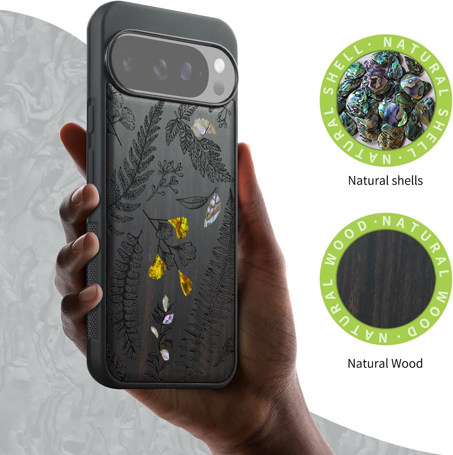 Carveit Magnetic Wooden Case for Pixel 10 / Pixel 10 Pro Case, Wood Artisan Engraved & Handmade Shell Inlaid, Compatible with MagSafe Wireless Chargers, Fern Leaves & Herbs - Blackwood