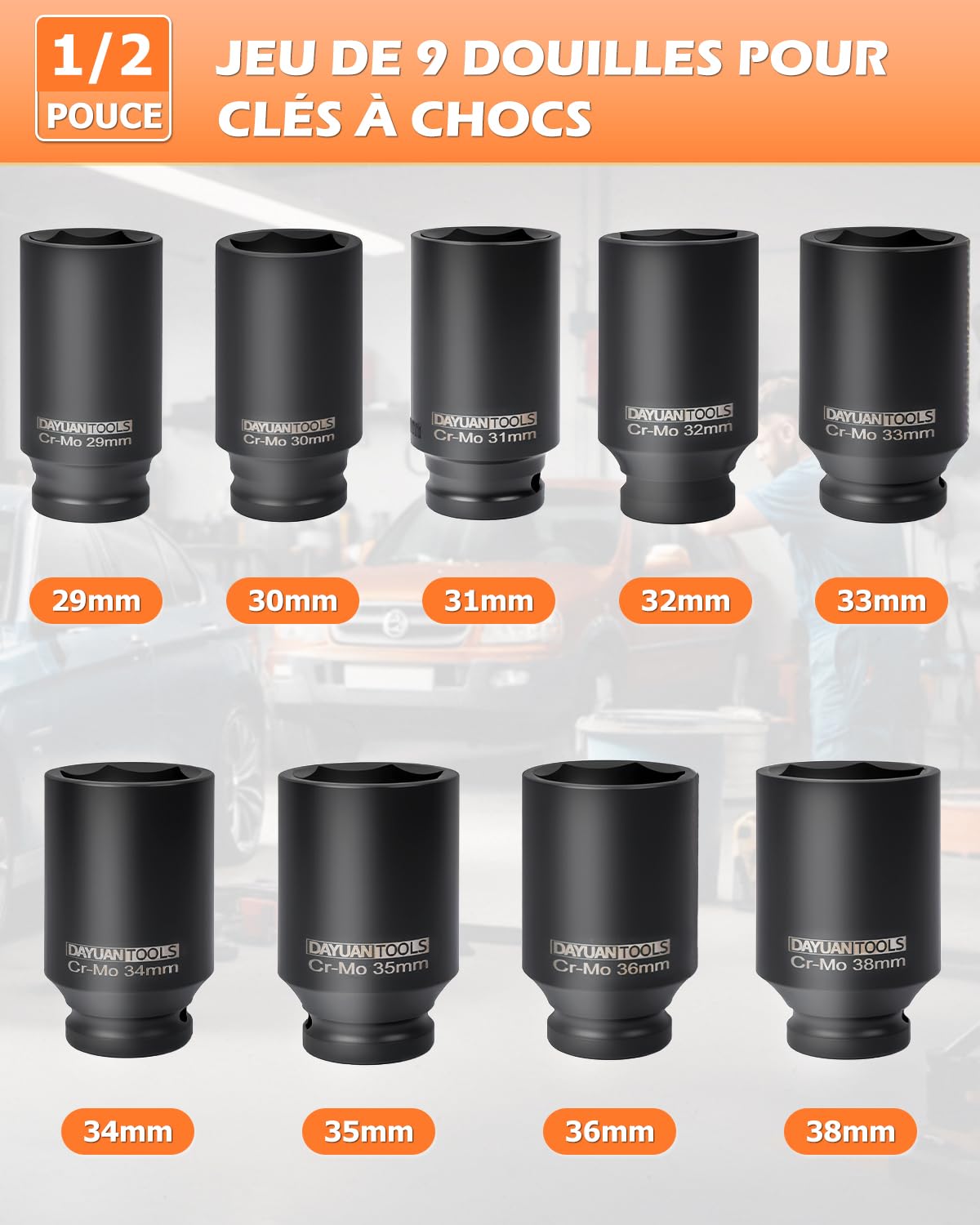 Lot de douilles à choc 9 écrous d'essieu 1/2" 29 30 31 32 33 34 35 36 38 mm