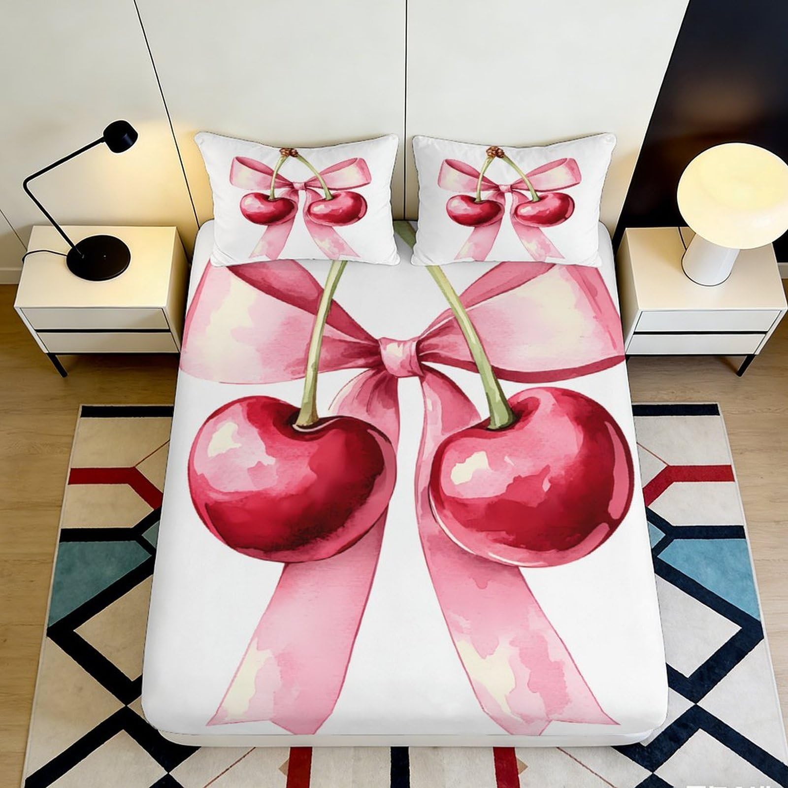 3D Printed Cherry Bow Fitted Sheet Microfiber Soft Breathable Cherry Ribbon Bed Cover for Bedroom Dormitory Guest Room Mattress Protection Decor 200x200x25cm