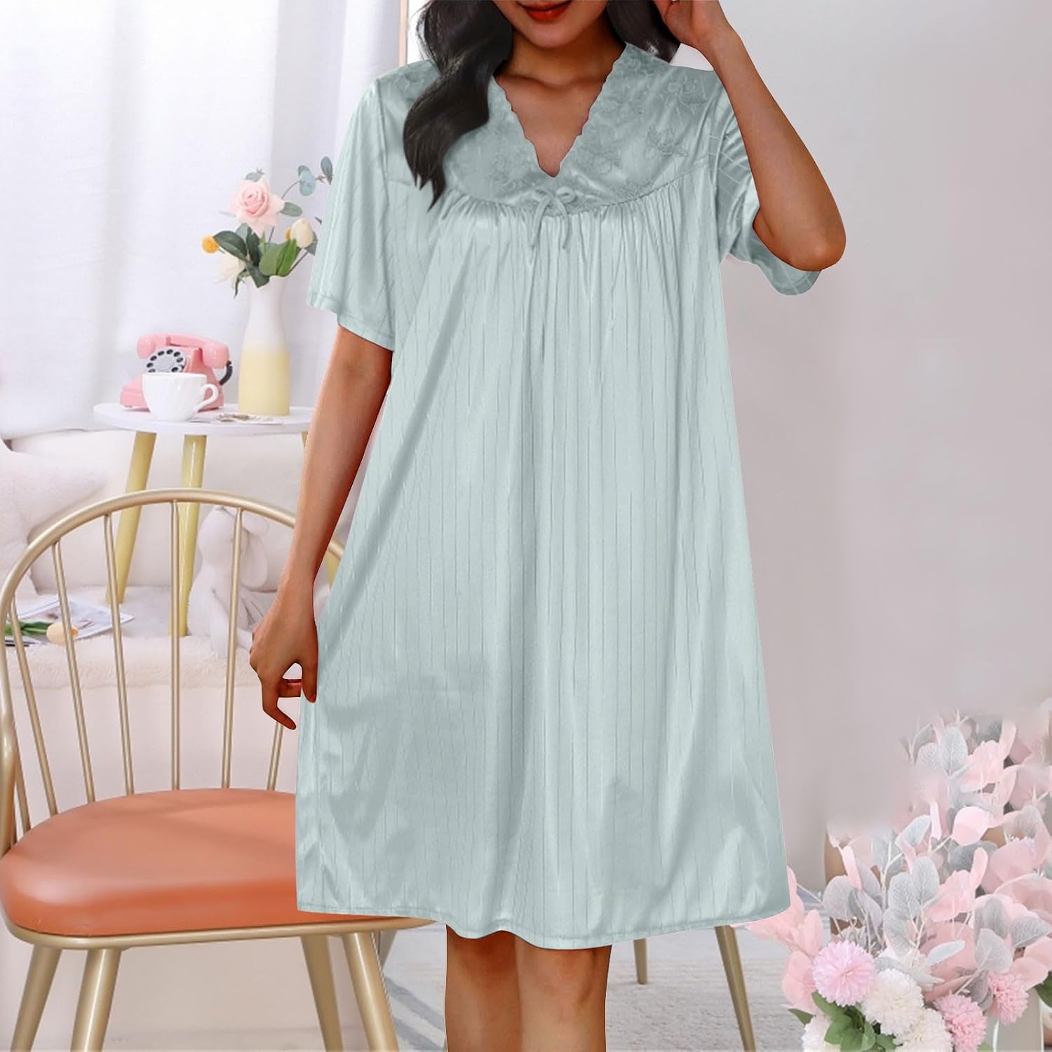 Women's Plus Size Knee Length Silky Night Gown Fancy Lace Neckline Nightdress Sexy Short Sleeves Soft Sleepwear