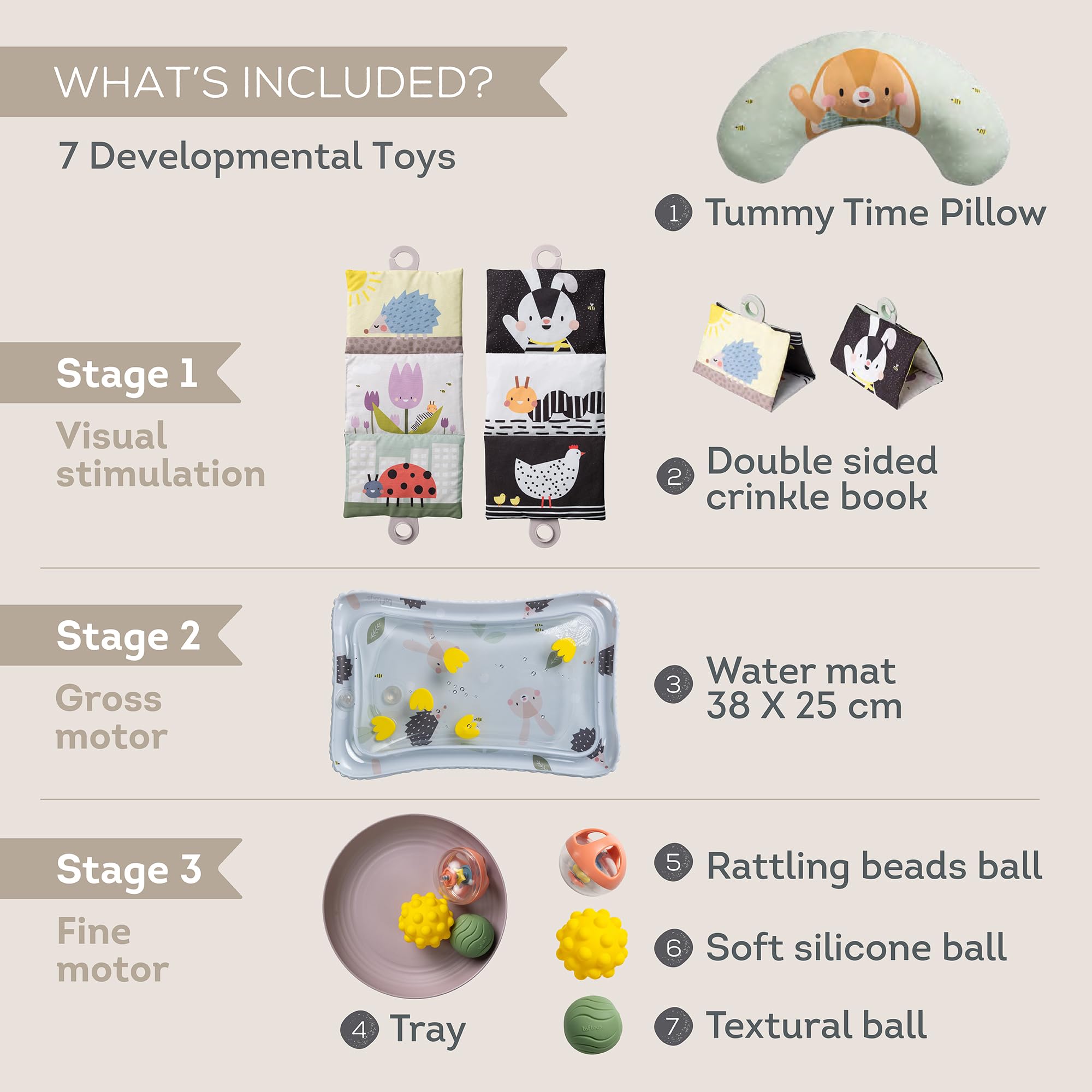 Taf Toys Baby Tummy Time Gift Set. Tummy-Time Support Pillow, High Contrast Black & White Crinkle Book, Activity Water Mat - Image 2
