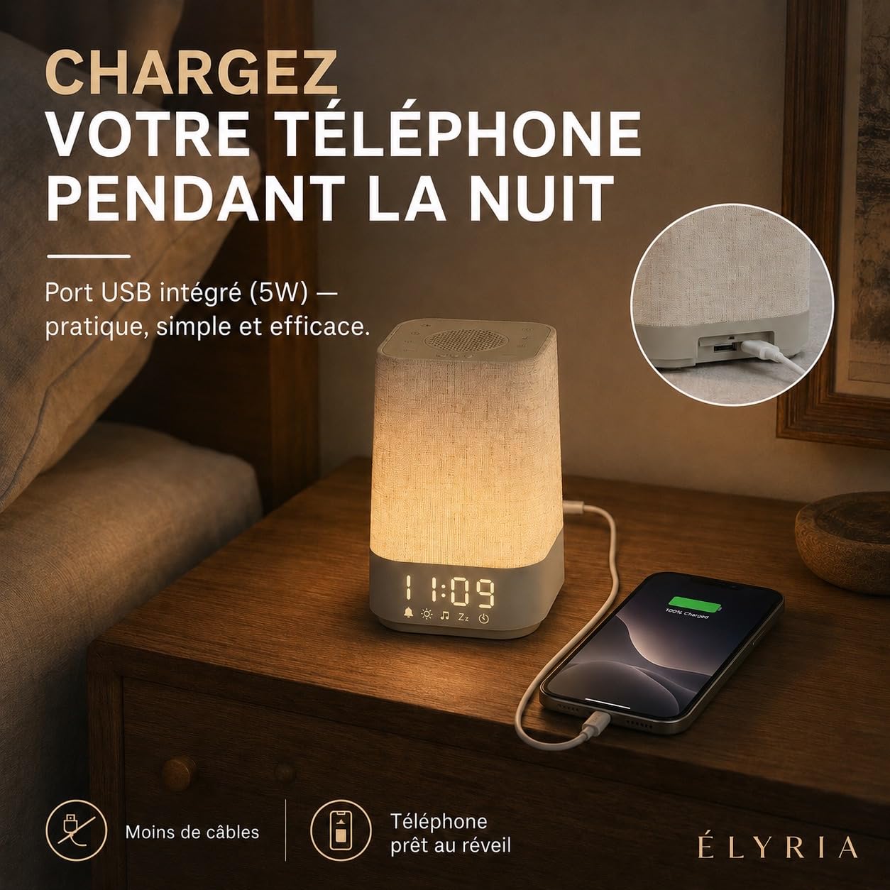 Réveil Lumineux Simulateur d'Aube, Réveil Lever de Soleil avec 30 Sons Relaxants, Lampe de Chevet LED, 13 Modes Veilleuse, Réveil Digital avec USB, Fonction Mémoire, Adaptateur Inclus