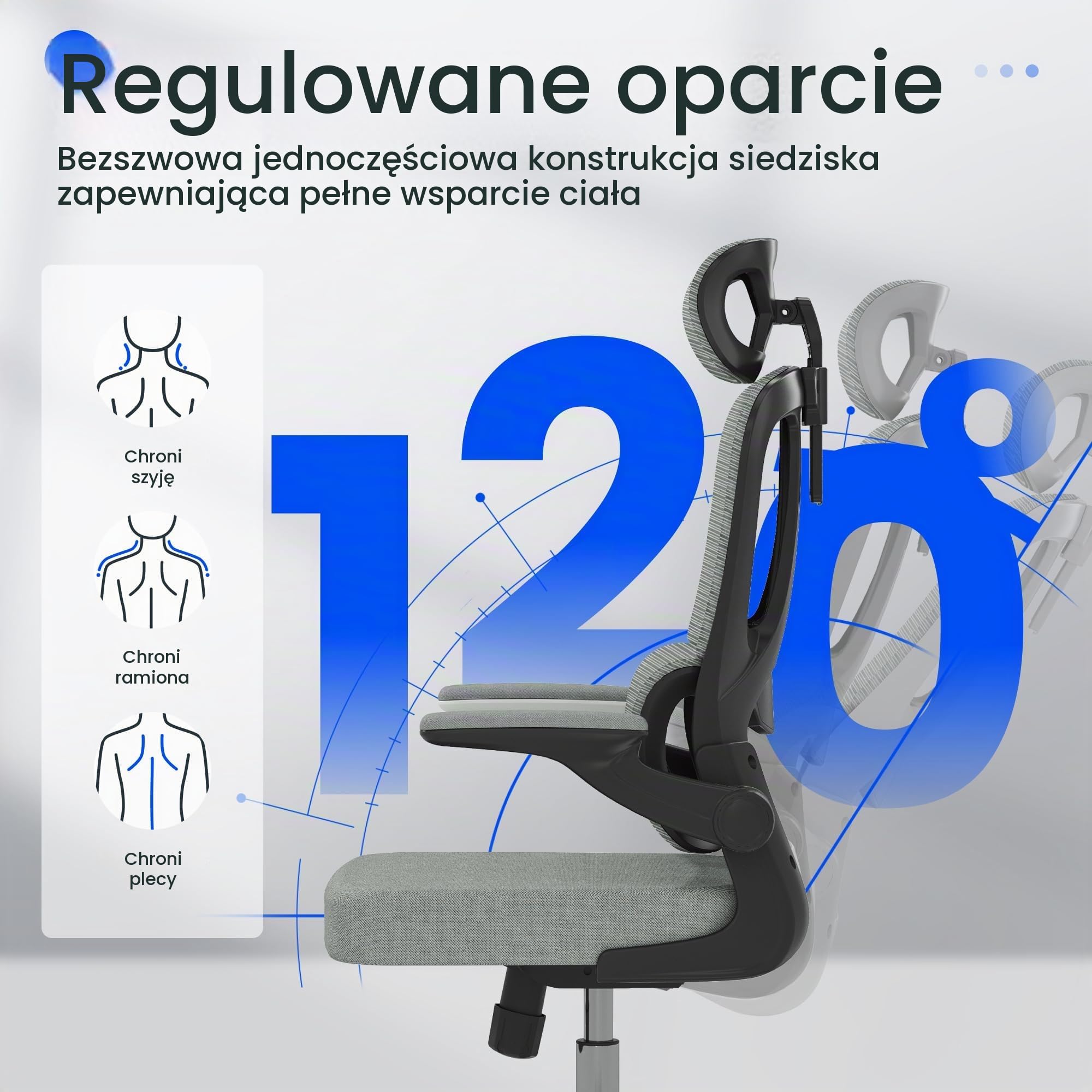 FLEXISPOT OC3 LITE Ergonomiczne krzesło biurowe, krzesło biurkowe z 2D podparciem pod głowę, składanymi podłokietnikami i dynamicznym podparciem lędźwiowym (Lite (Szara Pianka))