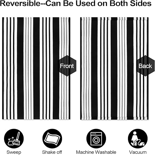 Miniatura 4 de LEEVAN Alfombra de exterior blanca y negra de 3 x 5 pies, alfombra de algodón lavable a rayas, reversible, tejida para interiores y exteriores,