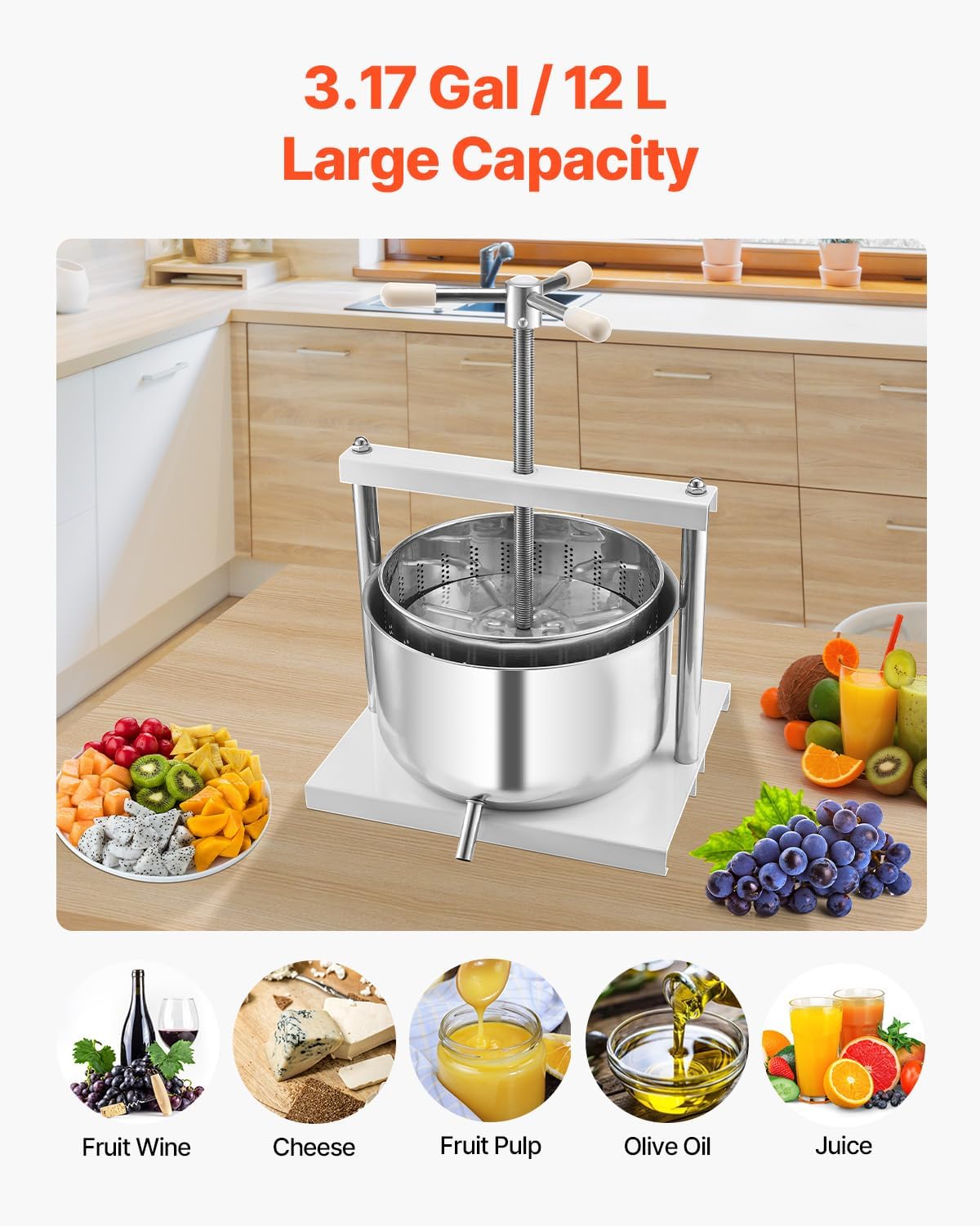 VEVOR Pressoir à Fruits Manuel 12 L Pressoir à Vin en Bois Massif avec 6 Blocs de Pressage Presse-Fruits Manuel Longue Poignée Broyeur de Fruits Légumes pour Pressage de Vins Jus de Fruit Cidre Purée
