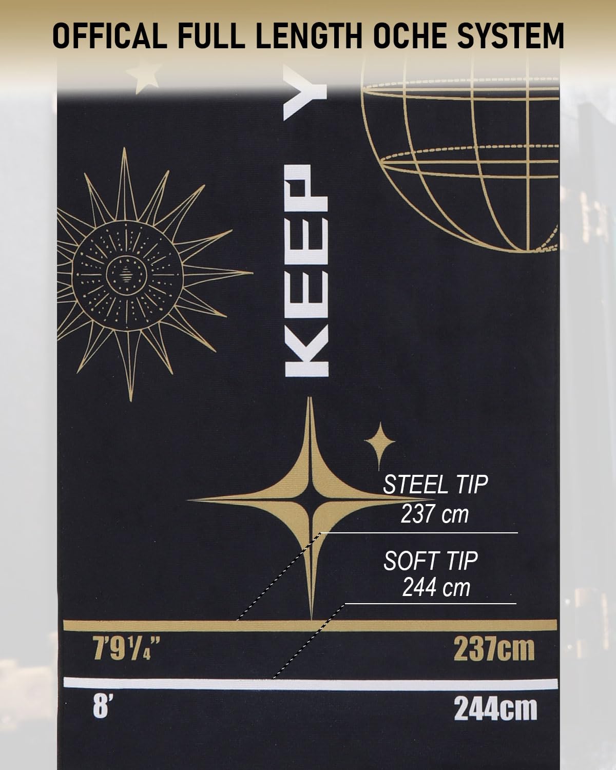 Professioneller Dartteppich mit Oche-System & Abwurflinien – Premium Dartmatte Dart Teppich für Steeldart & Softdarts | 260x60 cm| mit Abwurflinie [Gelb]