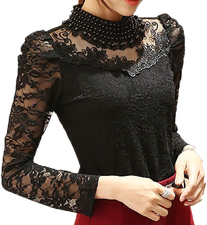 Amazon ココチエ レース ブラウス ぶらうす シアー 長袖 ビジュー レディース タートルネック 白 黒 シースルー シャツ ブラウス 通販