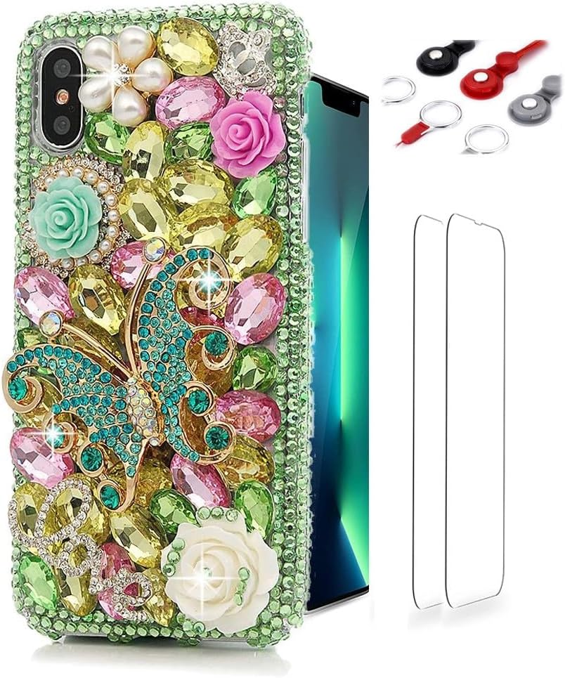 Glitter Design Phone Case Compatible with iPhone SE 2020 - Girls Women 3D Luxury Shiny Bling Handcrafted Protective Cover with Screen Protector, Phone Lanyard - Green Butterfly Flower