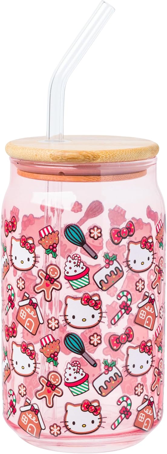 Silver Buffalo Sanrio Hello Kitty Gingerbread Cookies Christmas Holiday Pink Glass Jar Tumbler with Bamboo Lid and Glass Straw, 16 Ounces - Image 2