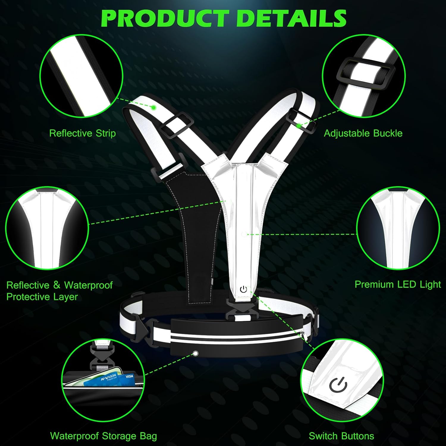 Terperinci view of Ylzzrs LED Reflective Vest components, including reflective strips, adjustable buckles, LED lights, waterproof layers, storage bag, and power buttons.
