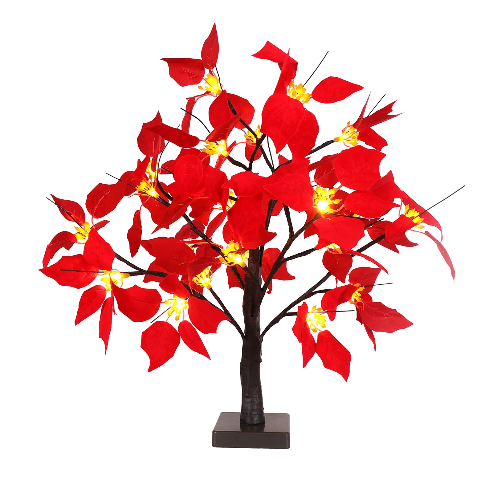 Wivaye Red 20Inch Tall Lighted Poinsettia Tree,Led Artificial Poinsettia Tree With 30 Flower Core Lights, Battery Operated Tabletop Poinsettia Flower Tree Light For Home Tabletop Xmas Décor
