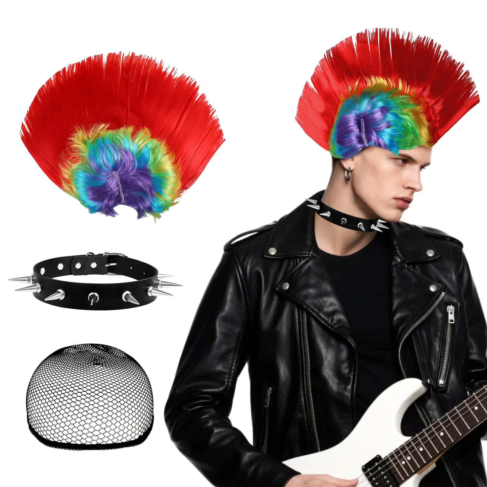 3Pcs Rainbow Wig for Men Women 80s Rocker Fancy Dress Wig with Adjustable Black Rivet Necklace Wig Cap Men’s Cosplay Synthetic Layered Hair Wigs for Costumes Cosplay Halloween Carnival Parties Anime
