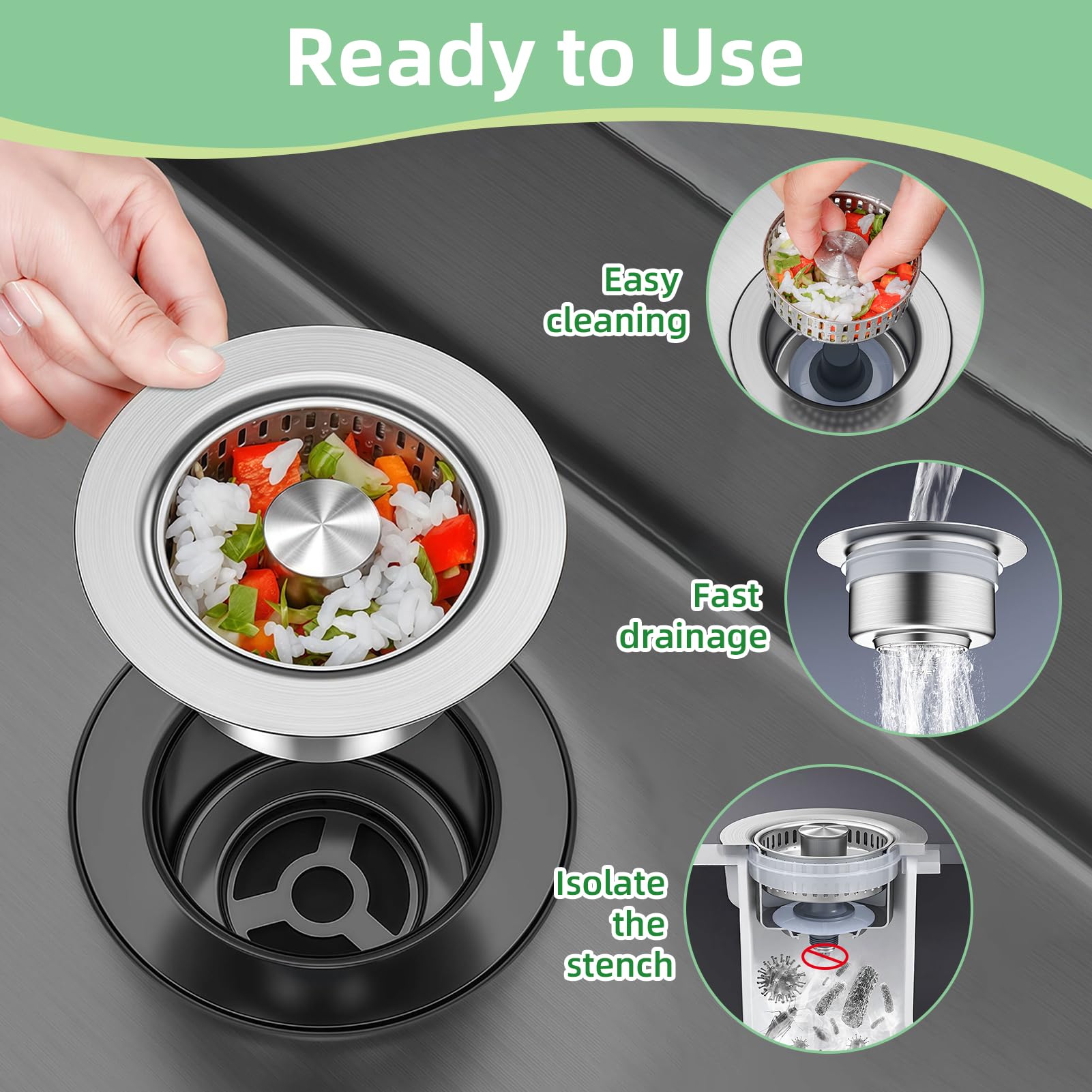 Filtro e tappo per lavello da cucina - Guscio universale 3 in 1 in acciaio inox con filtro anti-intasamento, facile installazione per fori lavello da 72-86 mm