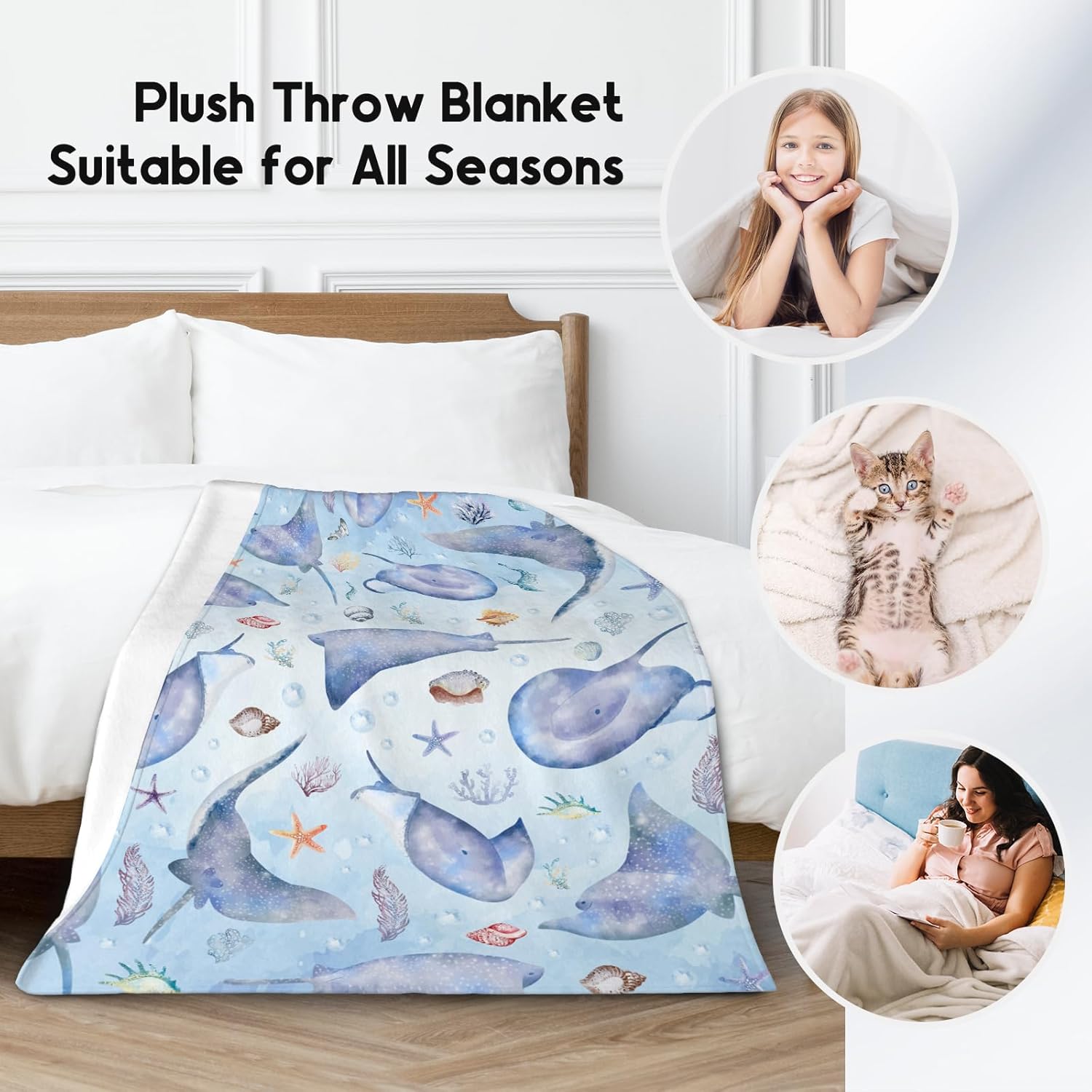Stingray Blanket for Girls Boys, Cute Soft Gifts for Ocean Lovers, Cozy Flannel Throw for Couch Office, 40"x50" - Image 2