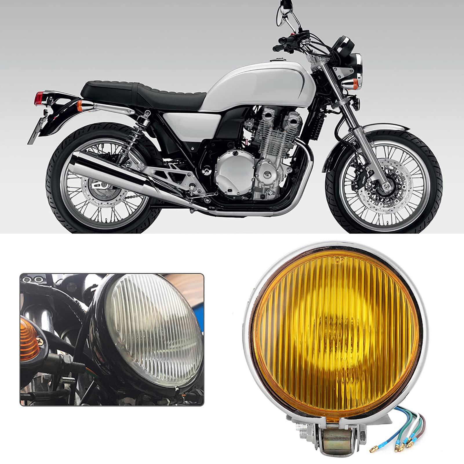 Faro Per Moto Vintage, Faro Stile Retrò Faro Per Moto Nostalgico Faro Per Moto Universale Accessorio Per Modifica Moto(Vetro giallo guscio d'argento)