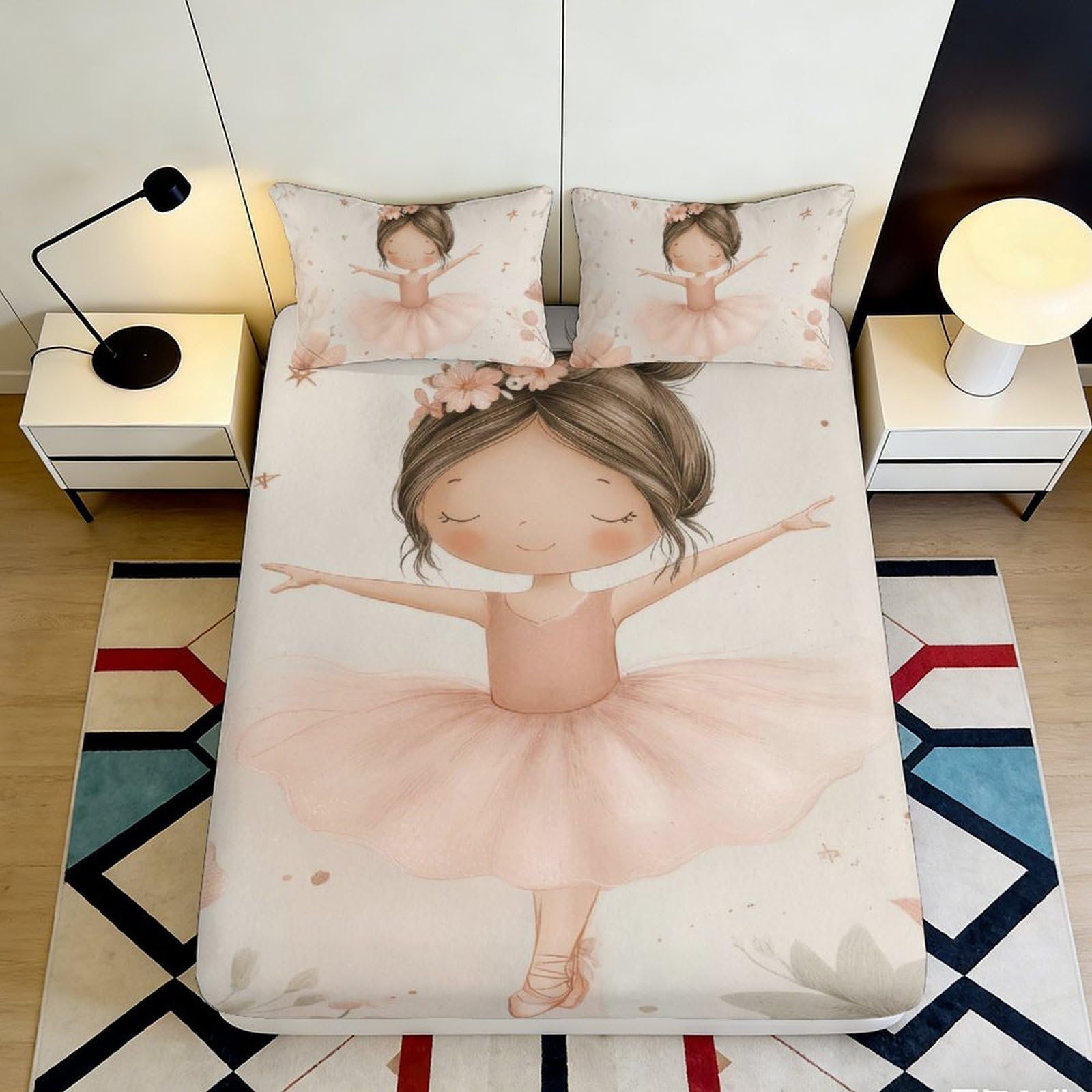 3D Printed Cute Ballerina Fitted Sheet Microfiber Soft Breathable Pink Ballet Mattress Cover for Bedroom Dormitory Guest Room Mattress Protection Decor 180x200x25cm