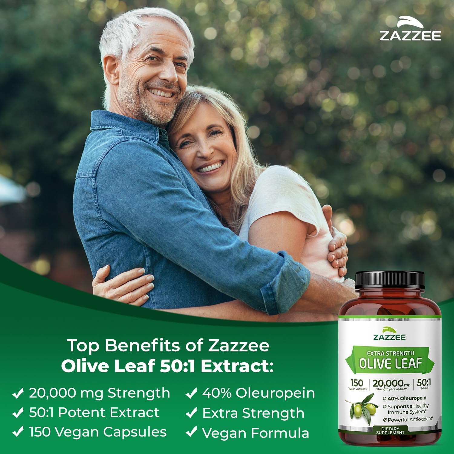 Zazzee Extra Strength Olive Leaf 50:1 Extract, 20,000 mg Strength, 40% Oleuropein, 150 Vegan Capsules, 5 Month Supply, Concentrated and Standardized 50X Extract, 100% Vegetarian, Non-GMO, All-Natural - Image 3
