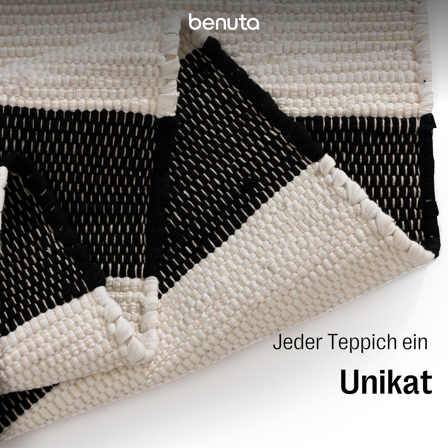 benuta Basic Baumwollteppich Tom - Schwarz/Creme 70x200 cm - Handgewebter Wohnzimmer Teppich - 100% Recycelte Baumwolle - Für Fußbodenheizung geeignet