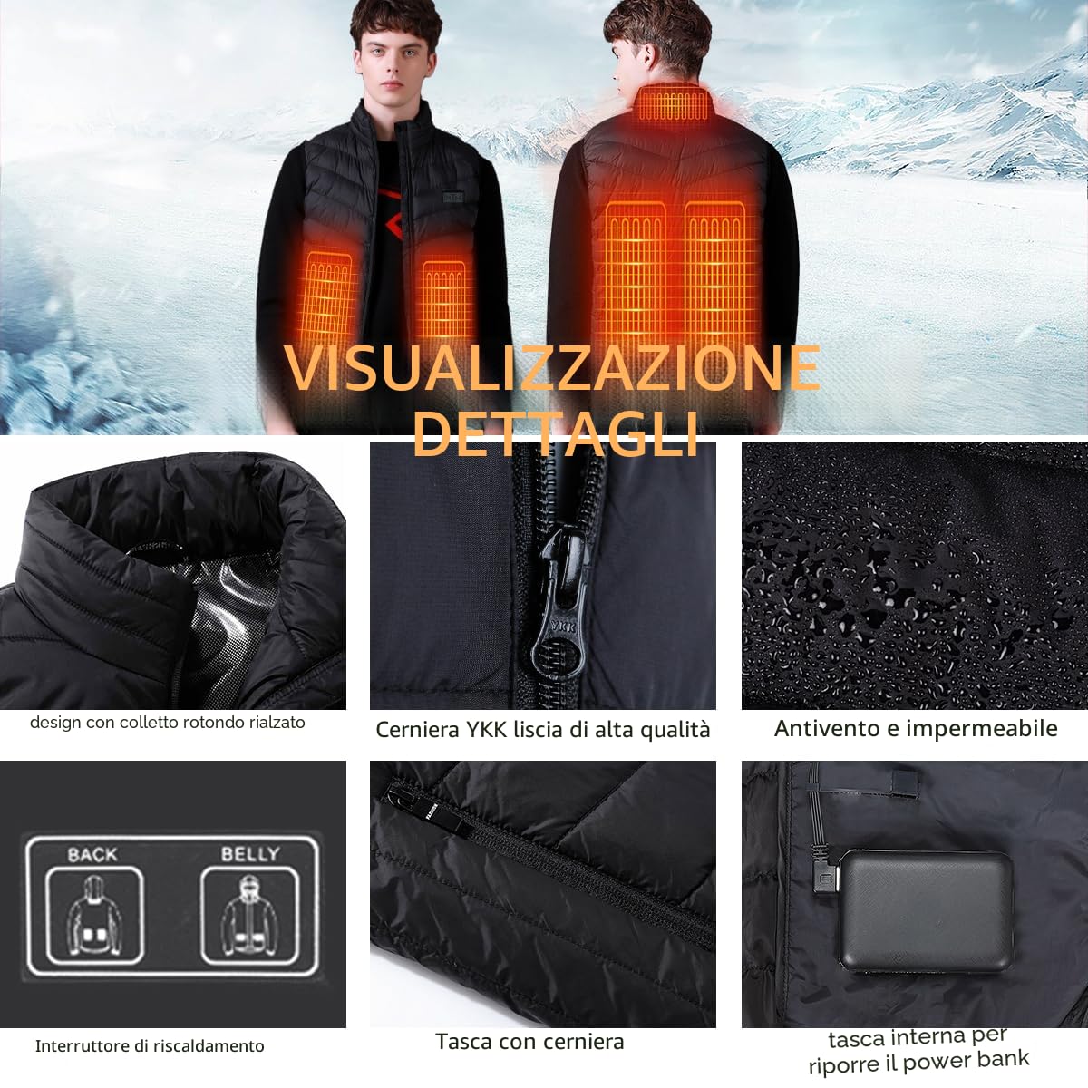 Gilet Riscaldabile per Uomo e Donna, Gilet Riscaldato USB con Batteria da 5 V 10000 mAh, Giacca Calda Invernale per Escursionismo, Caccia, Moto (IT, Testo, 3XL, Regular, Regular, Nero)
