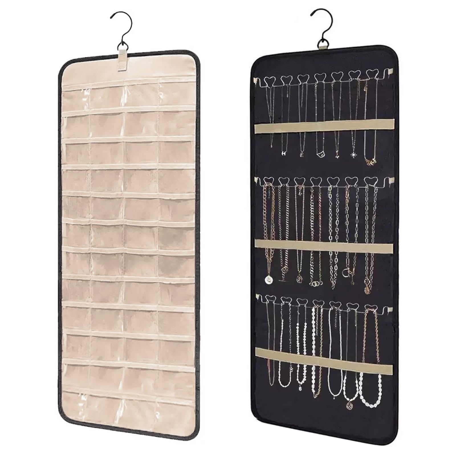 Cjytdkj Dual-sided Jewelry Organizer Hanging with Metal Hooks, Hanging Jewelry Organizer with 48 Pockets and 3 Wave-Shaped Hooks, Jewelry Roll for Earrings for Earrings Necklaces(Black)